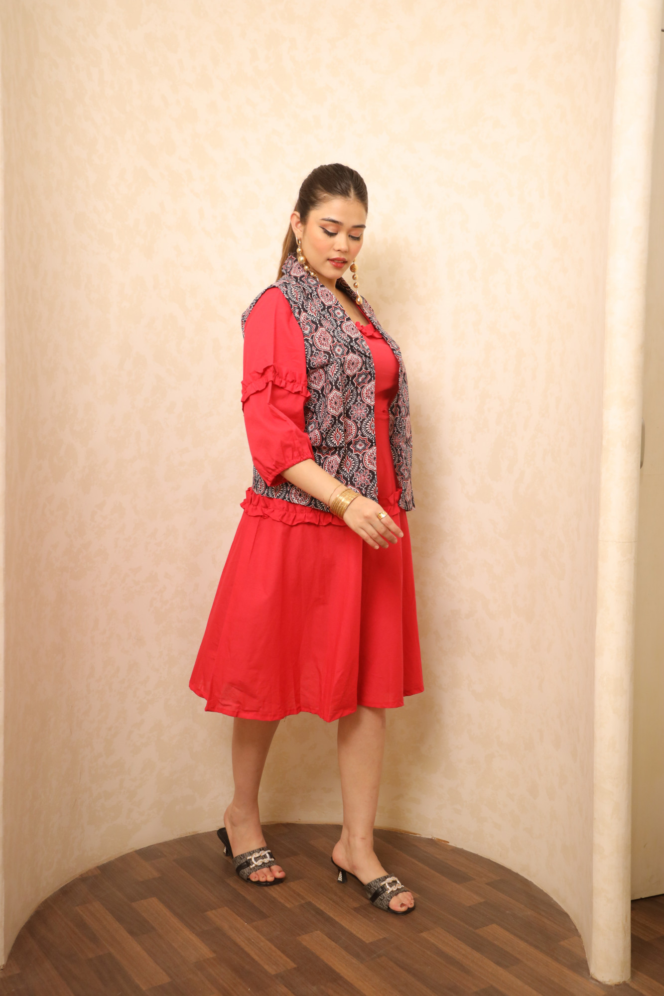 Red Dress With Black Printed Jacket