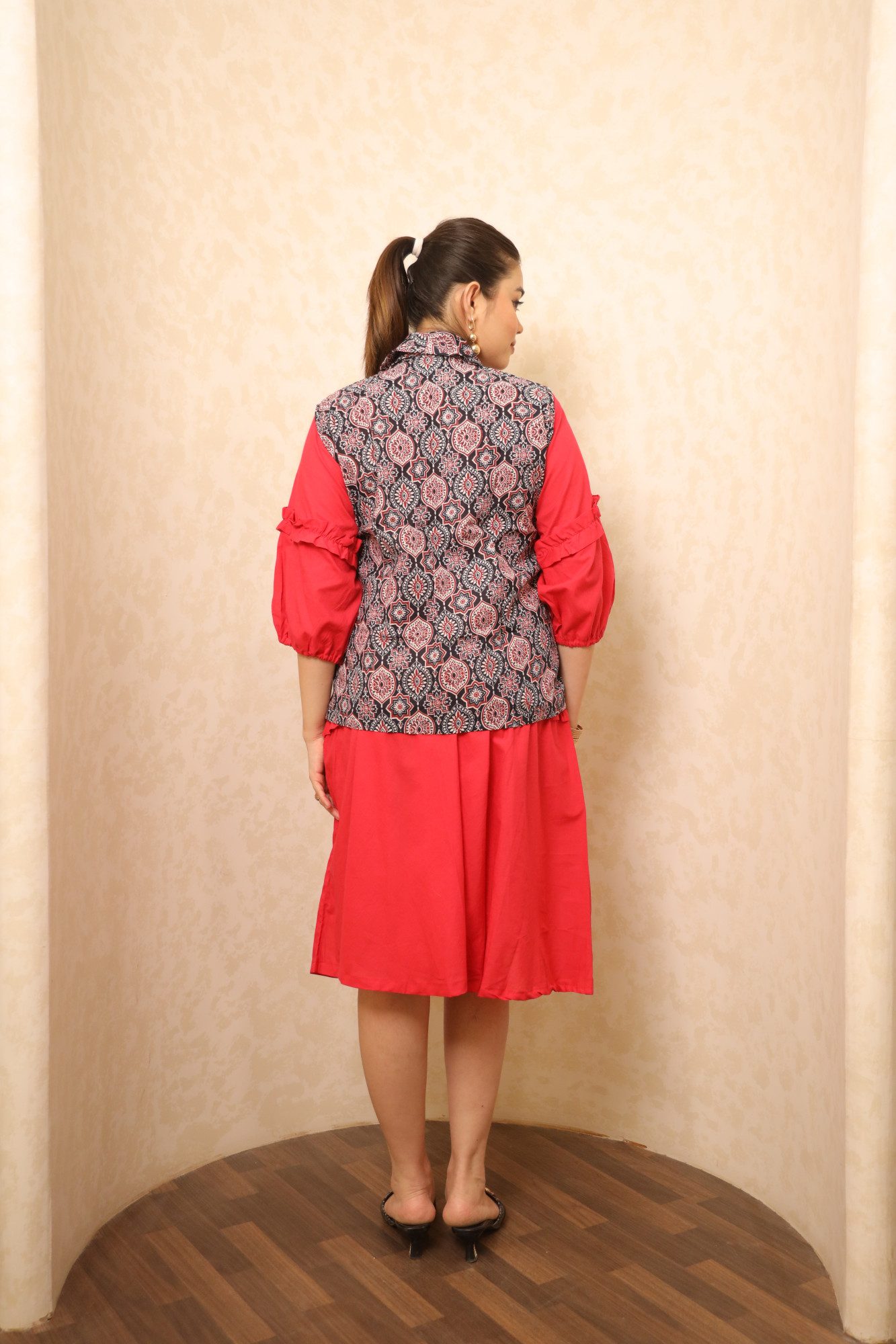 Red Dress With Black Printed Jacket