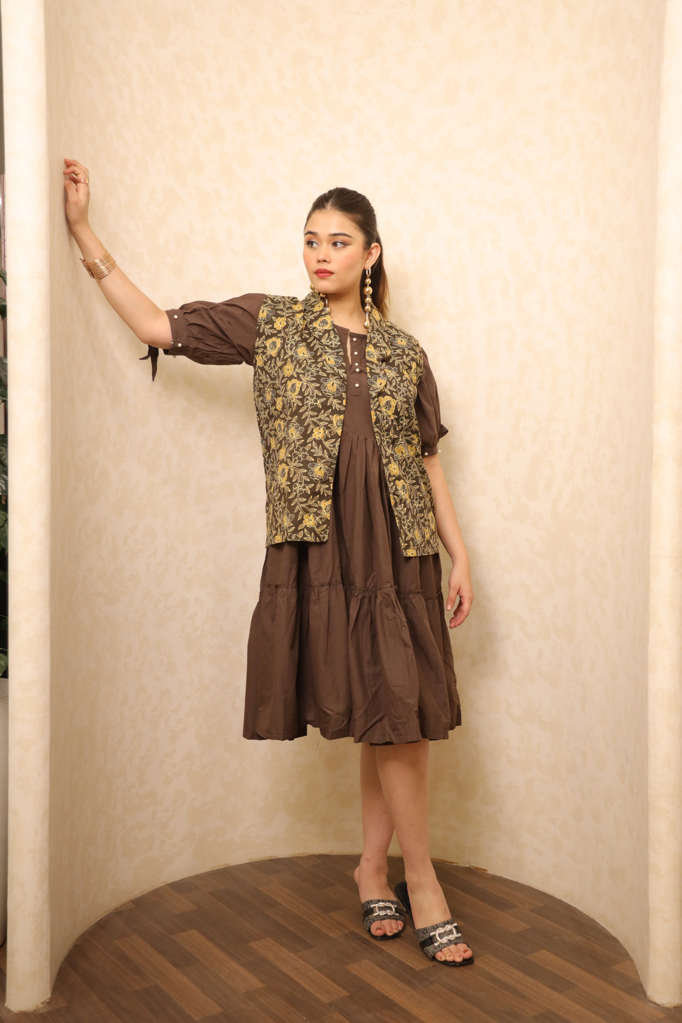 Coffee Dress With Handblock Jacket