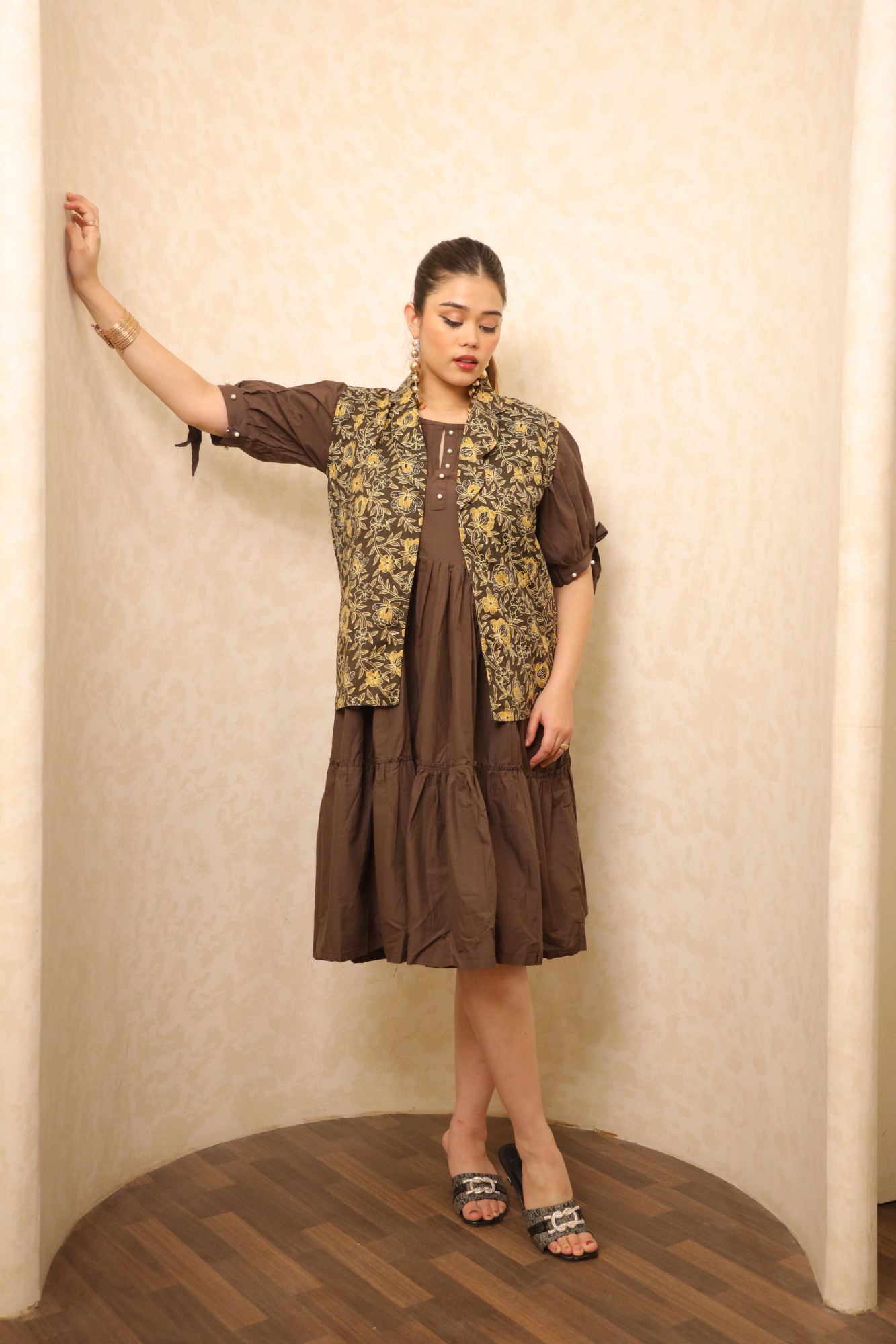 Coffee Dress With Handblock Jacket