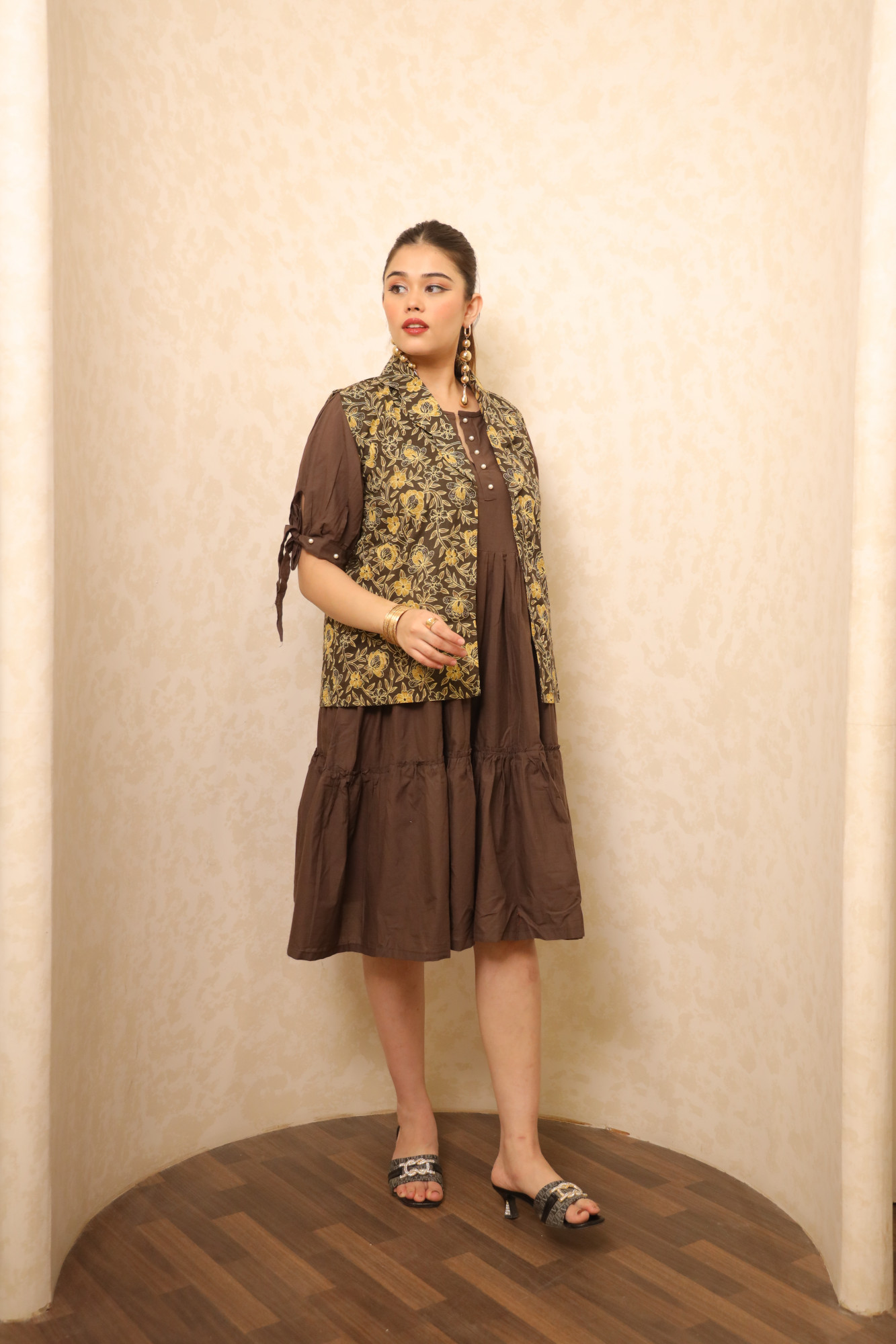 Coffee Dress With Handblock Jacket