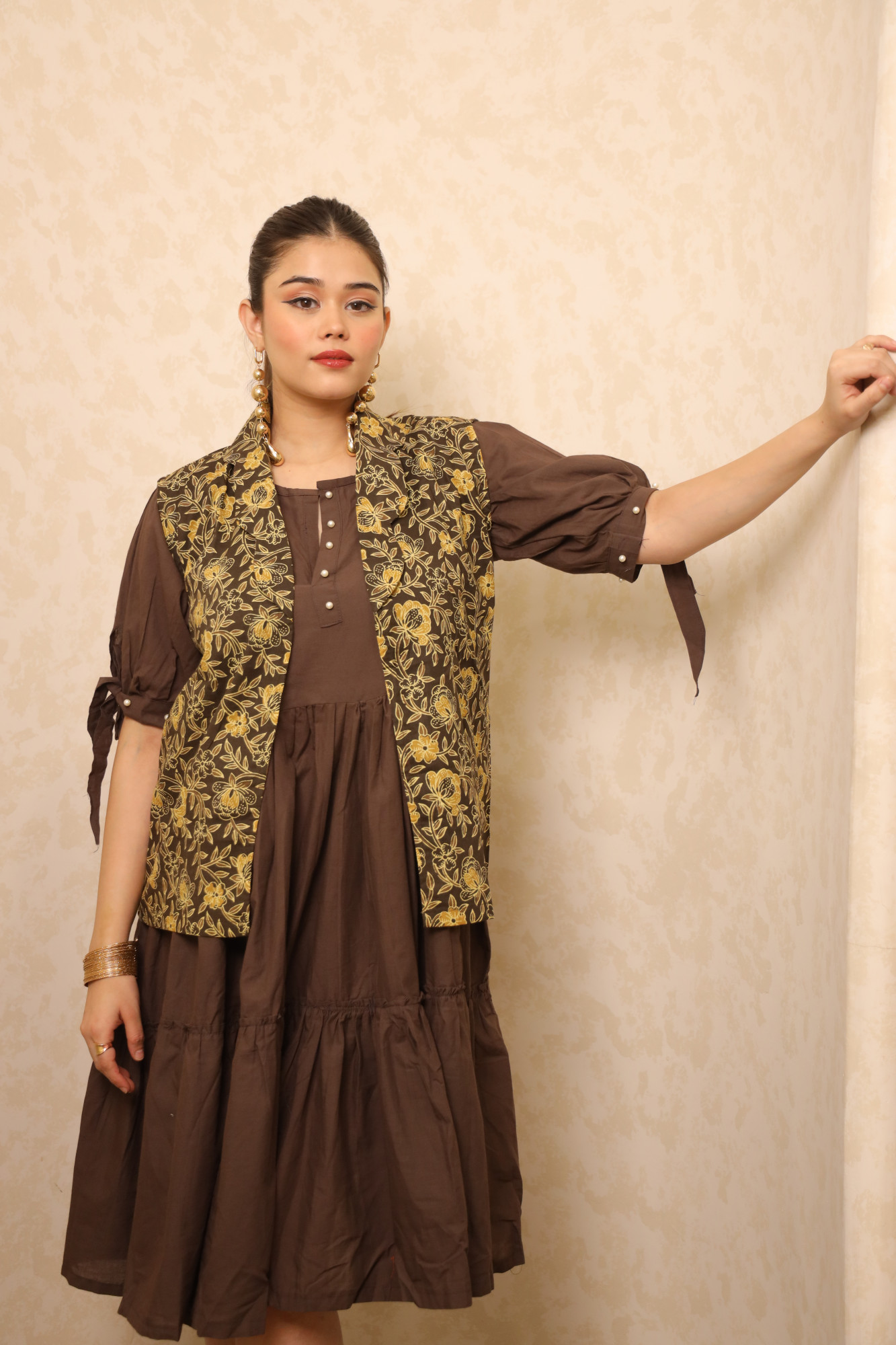 Coffee Dress With Handblock Jacket