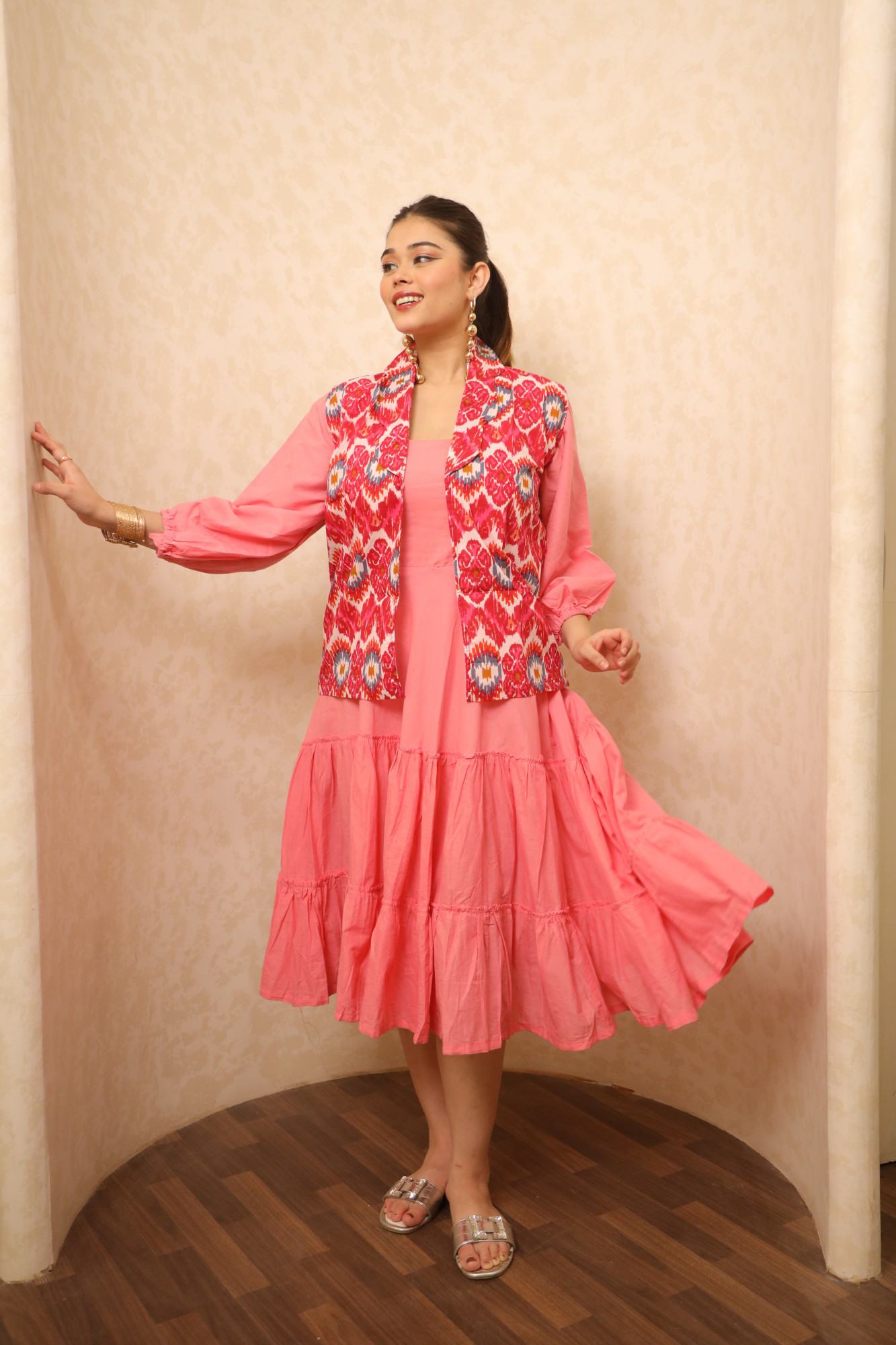 Pink Dress With Printed Jacket