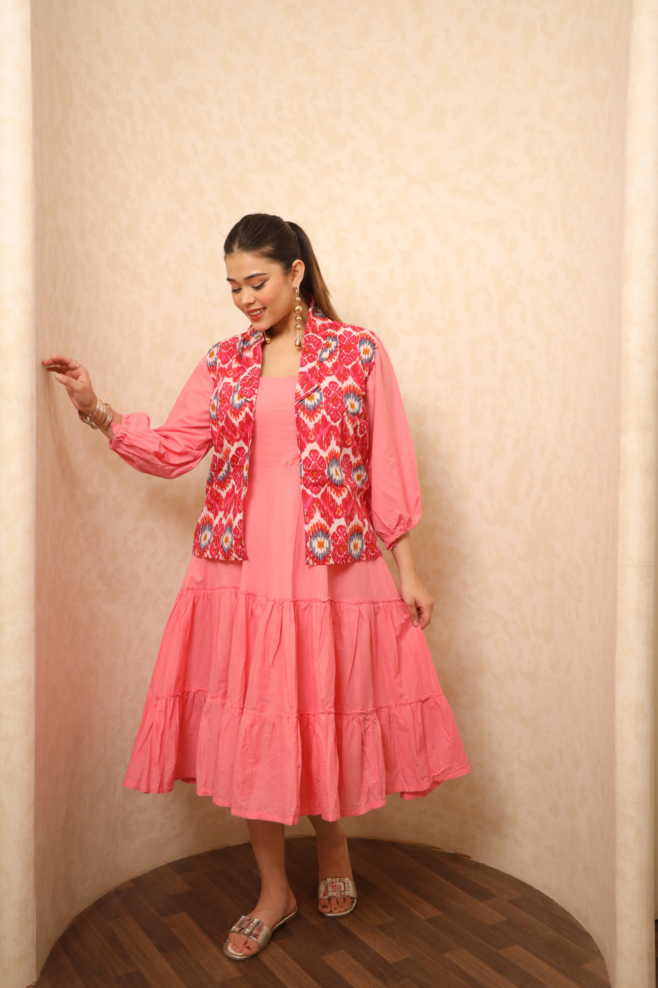 Pink Dress With Printed Jacket