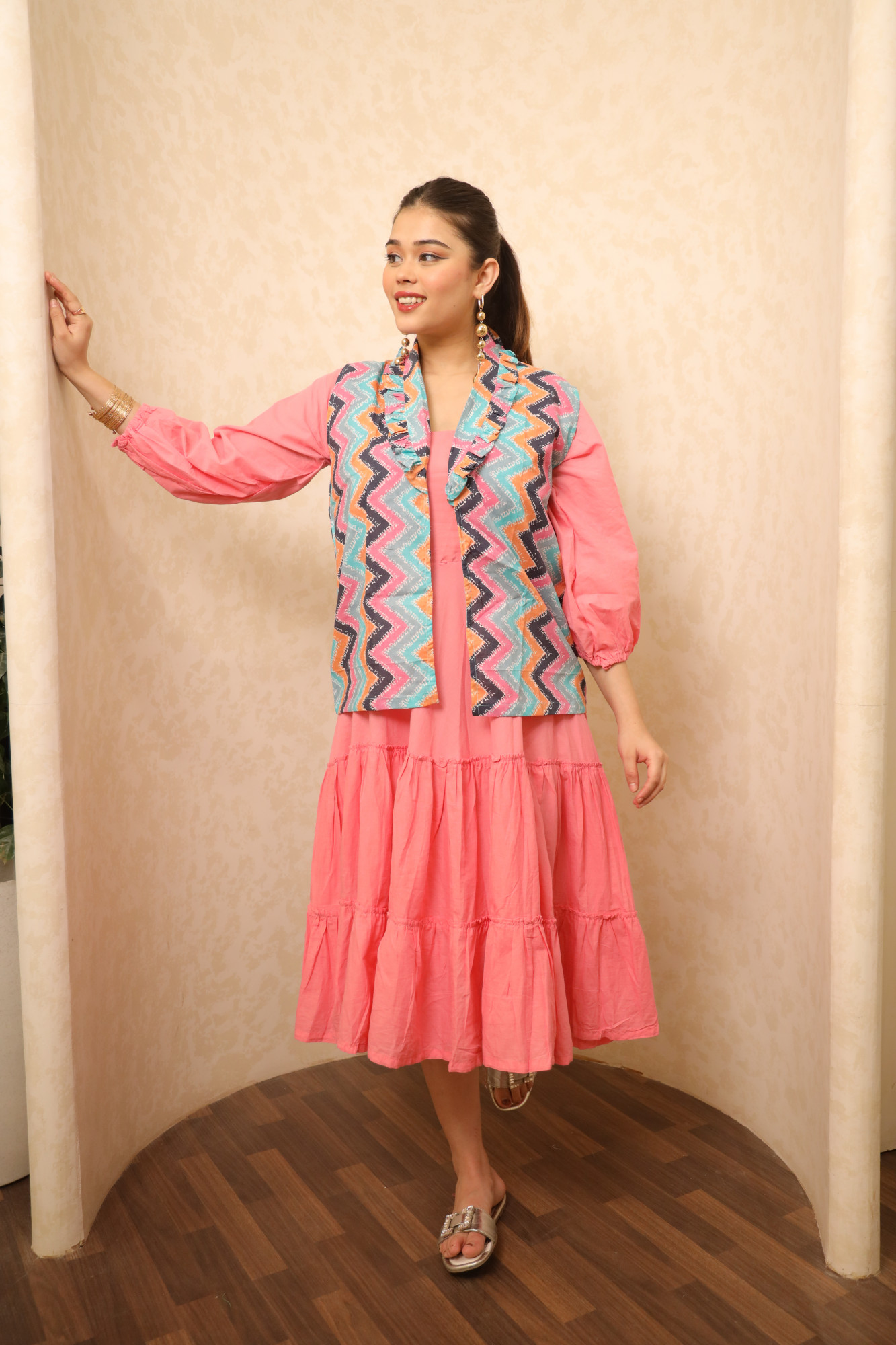 Pink Dress With Printed Jacket