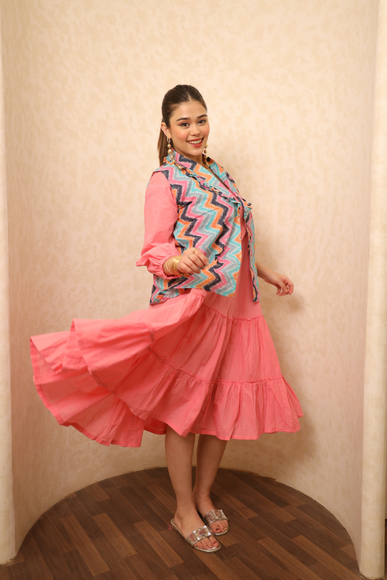 Pink Dress With Printed Jacket