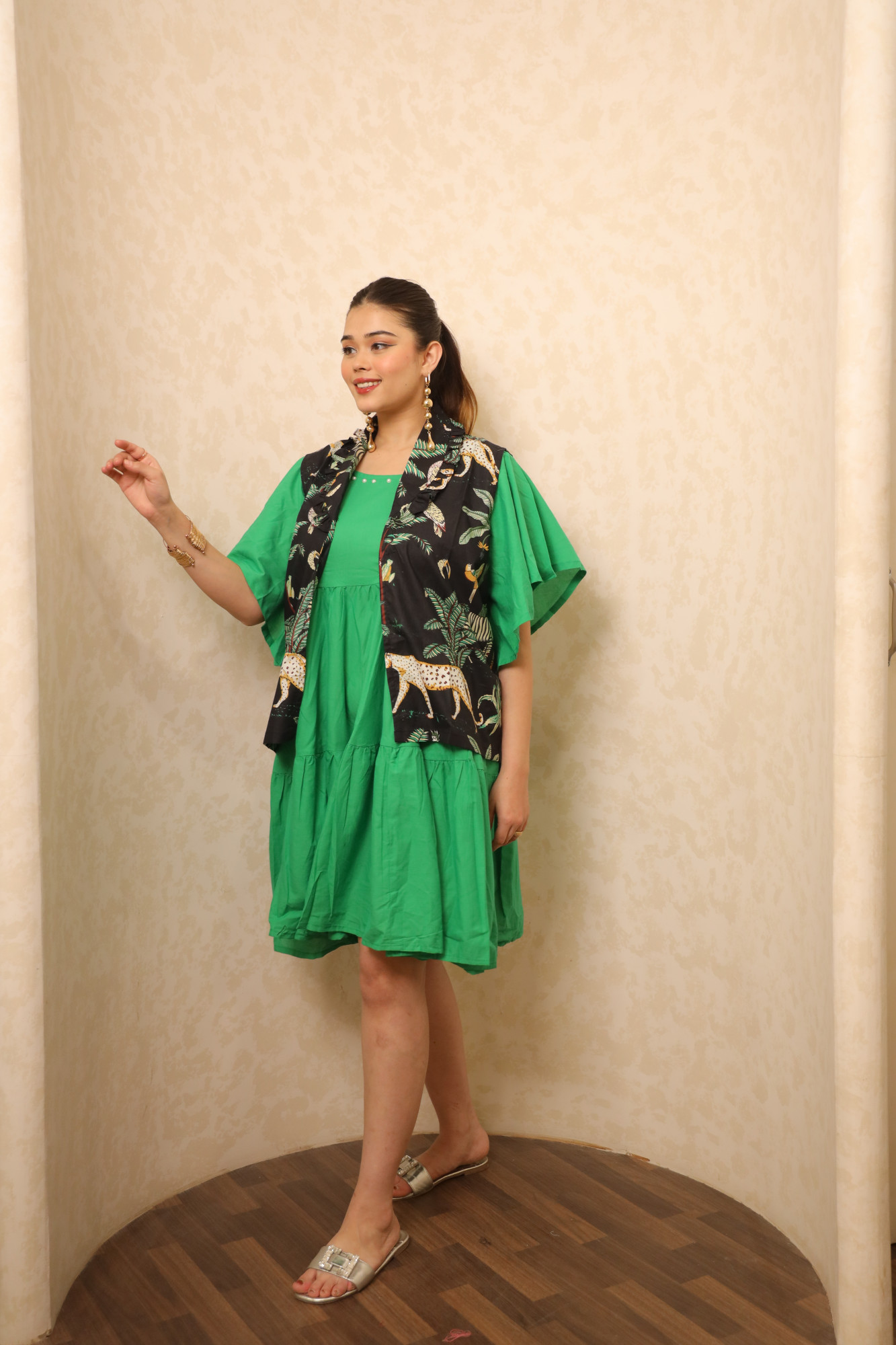 Green Dress With Black Printed Jacket