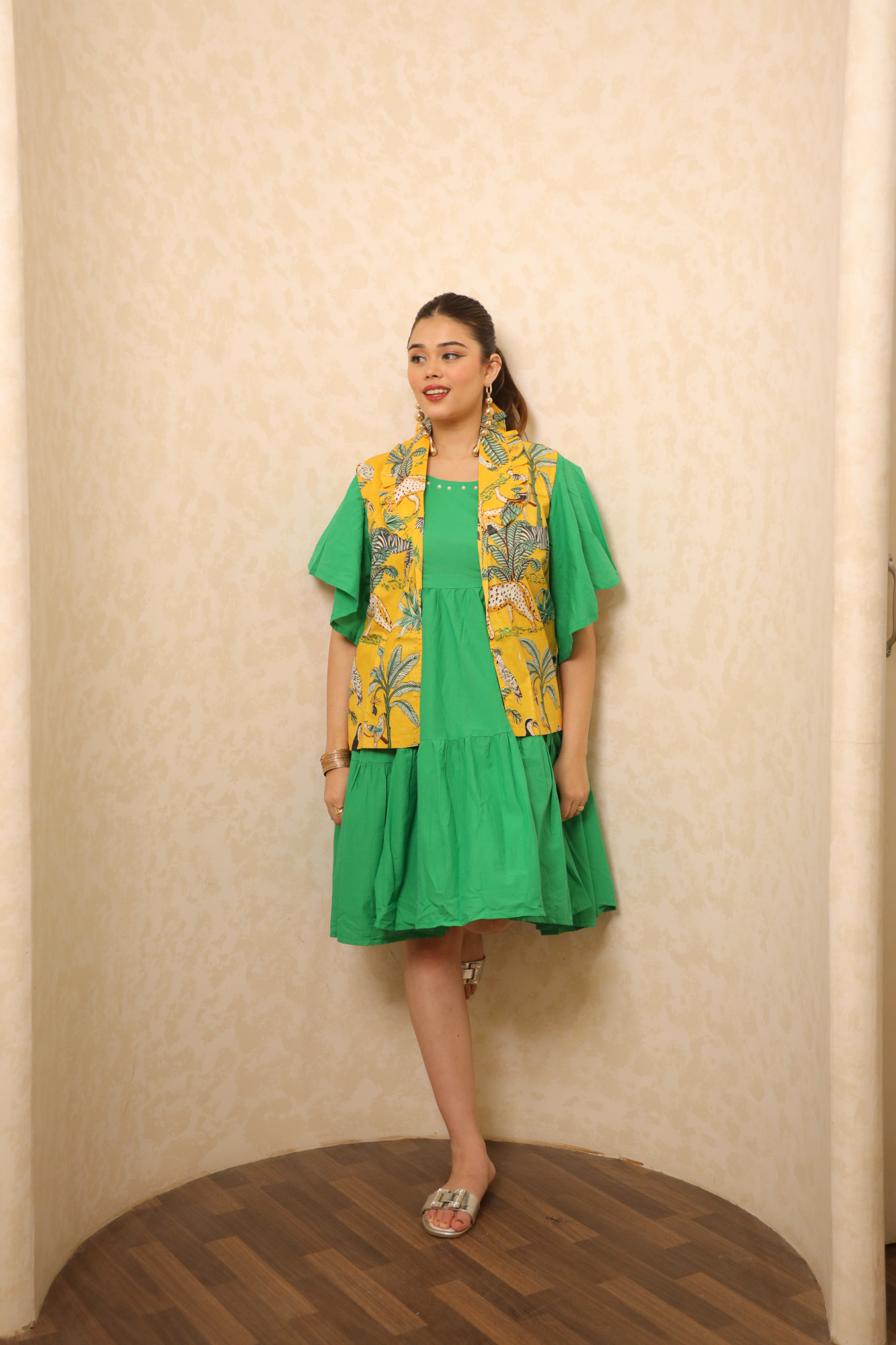 Green Dress With Yellow Printed Jacket