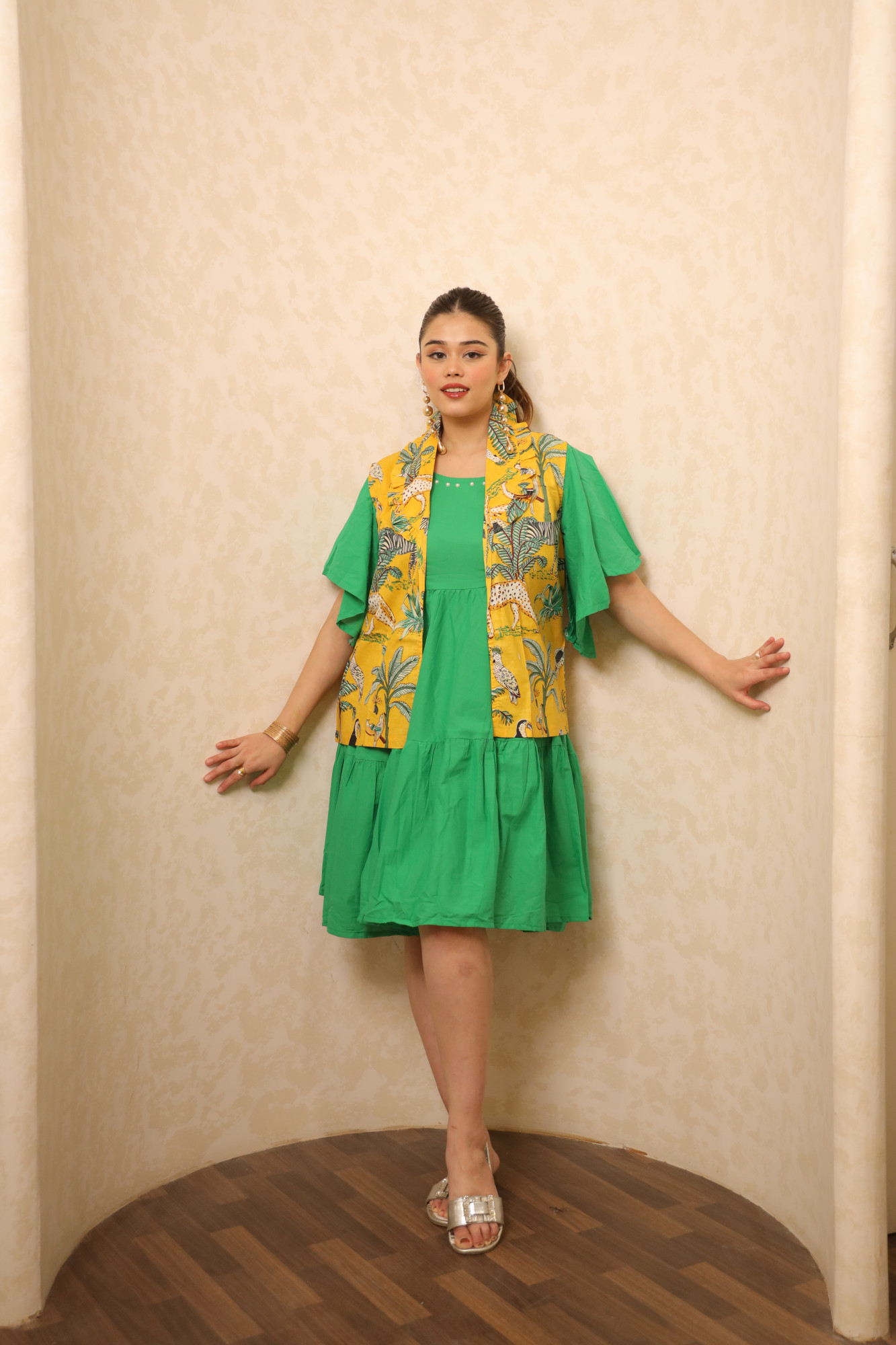 Green Dress With Yellow Printed Jacket