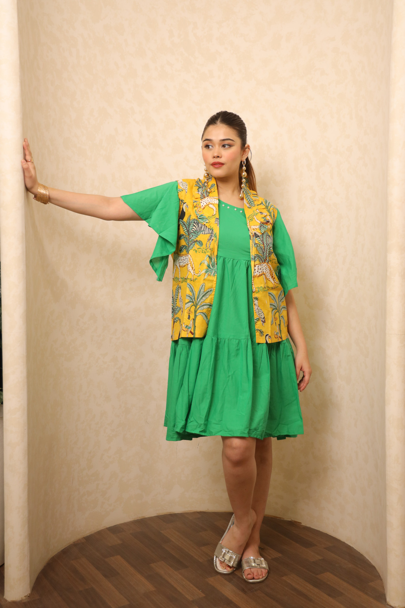 Green Dress With Yellow Printed Jacket