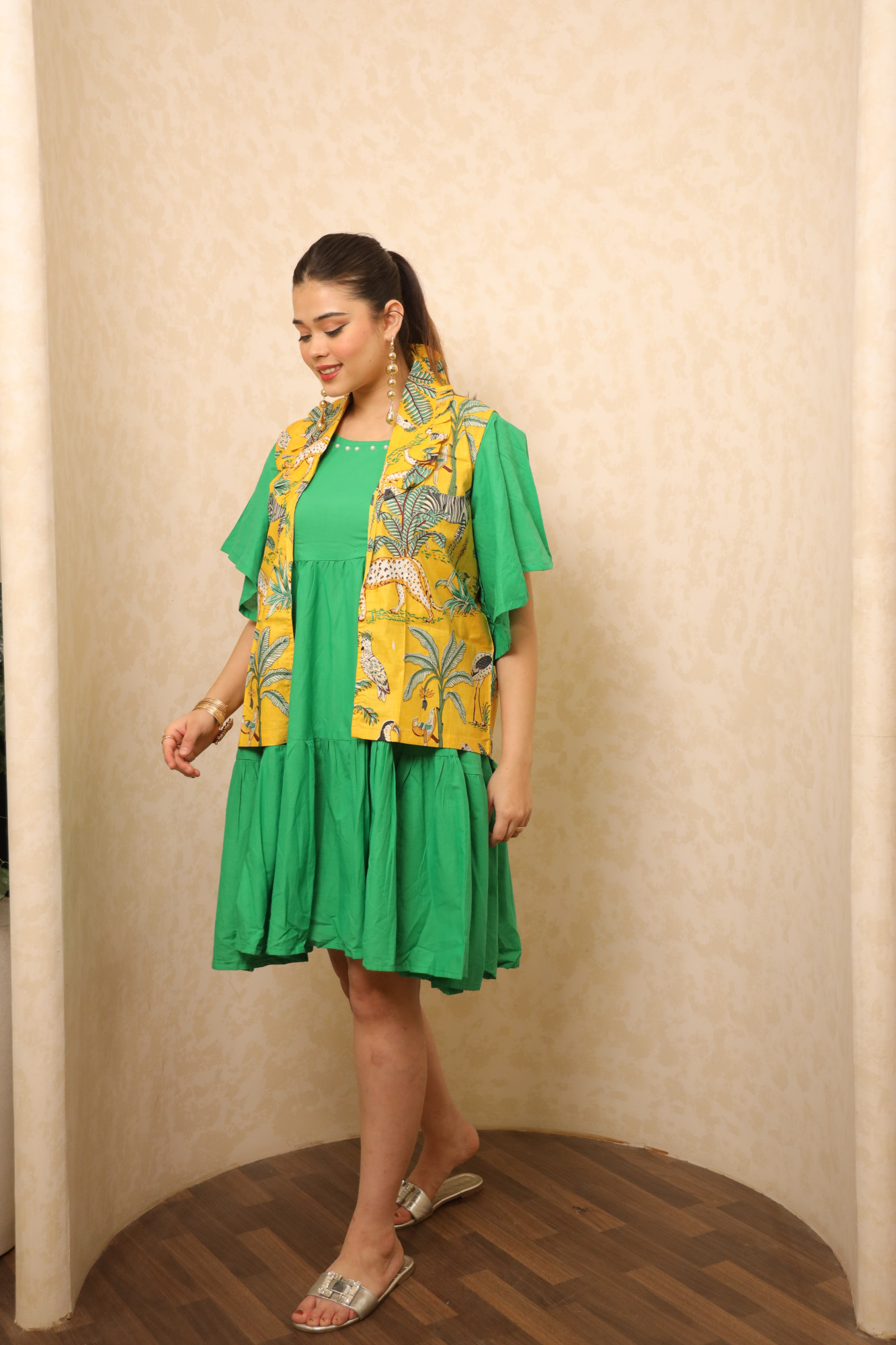 Green Dress With Yellow Printed Jacket