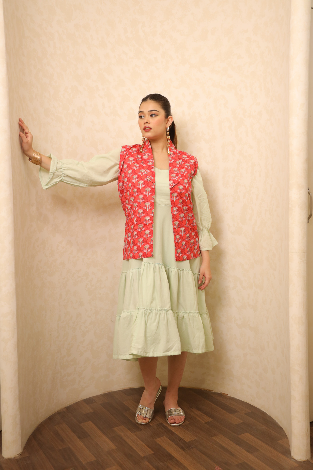 Mint Dress With Red Printed Jacket