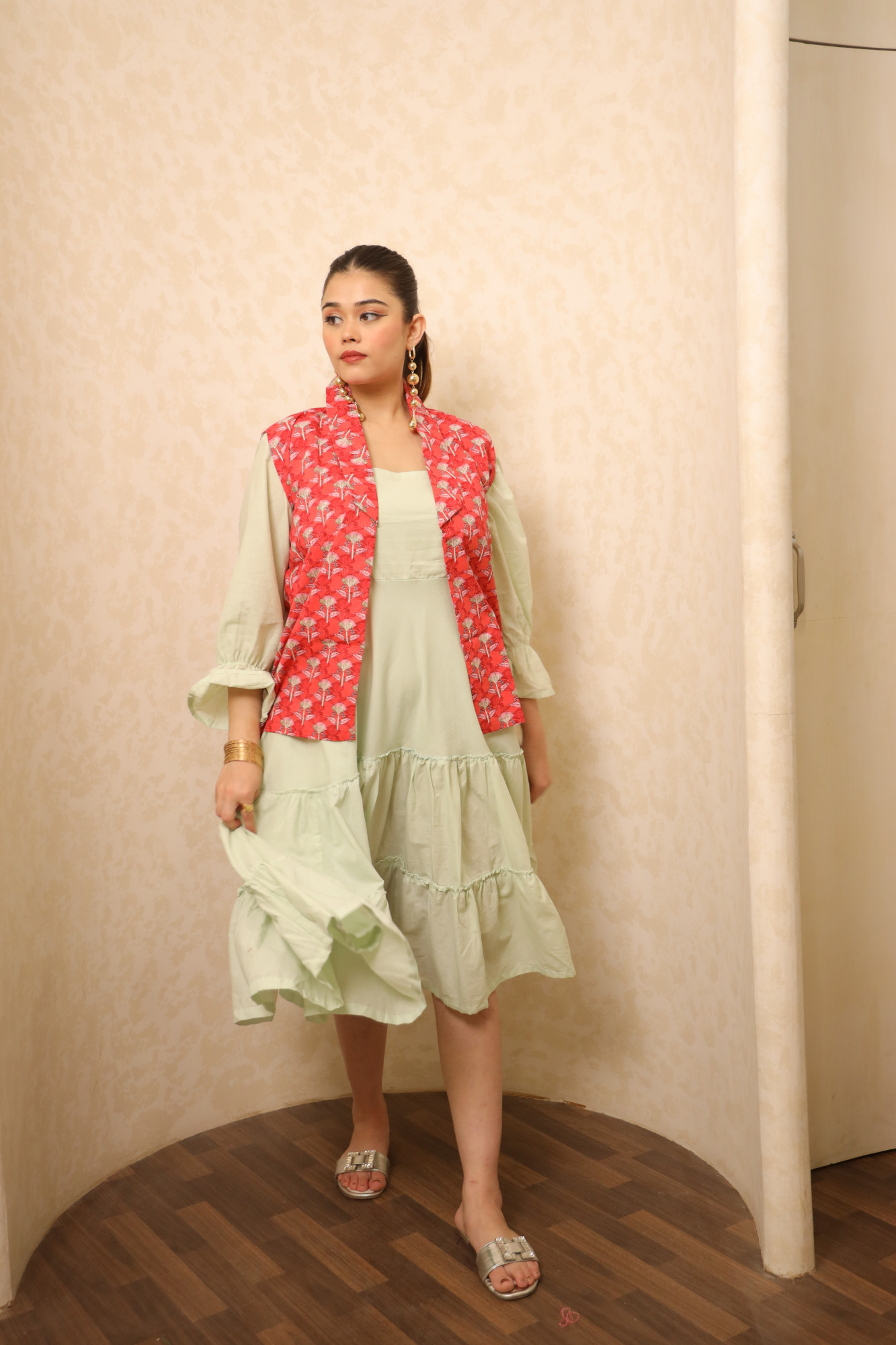 Mint Dress With Red Printed Jacket