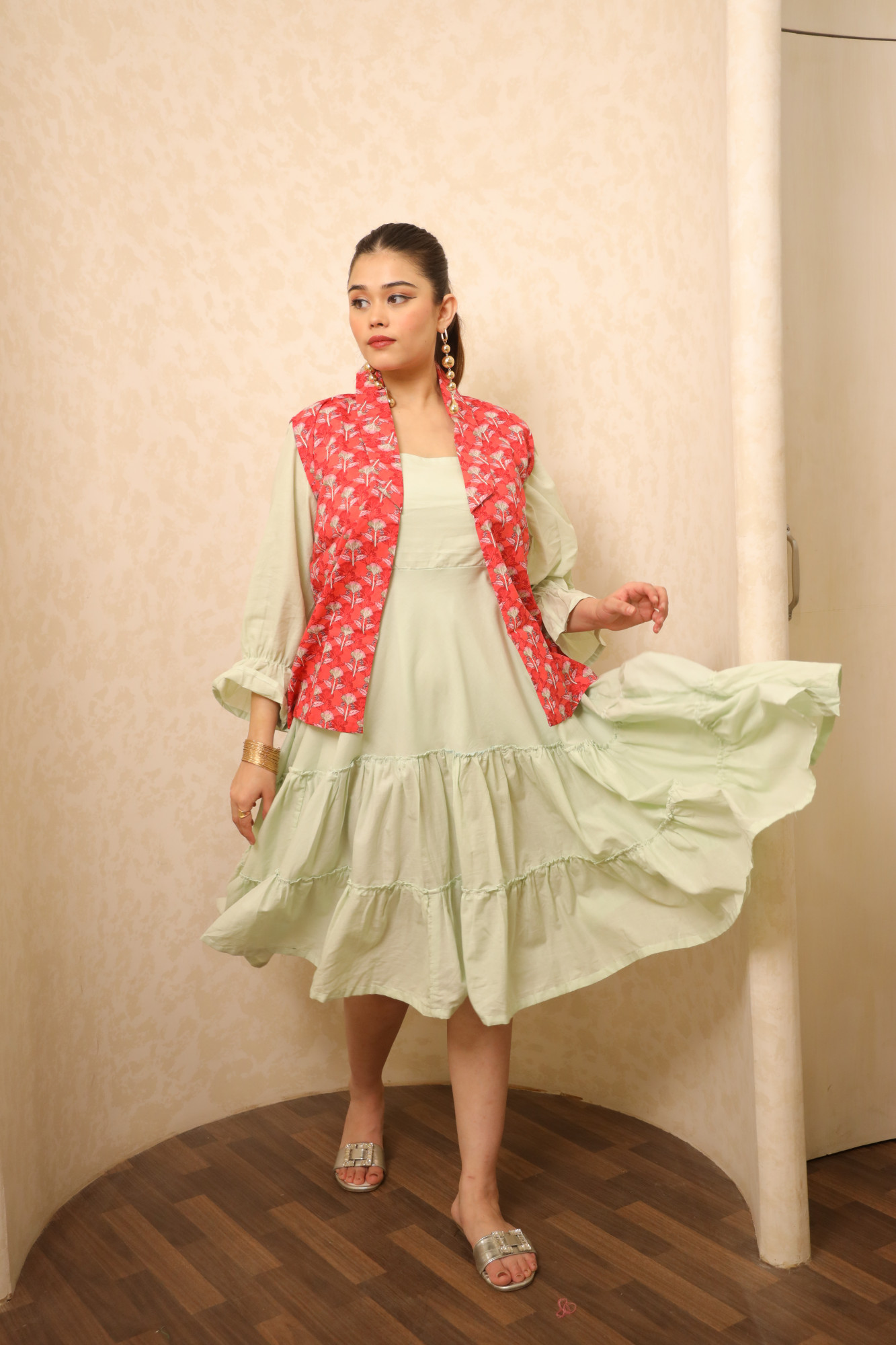Mint Dress With Red Printed Jacket
