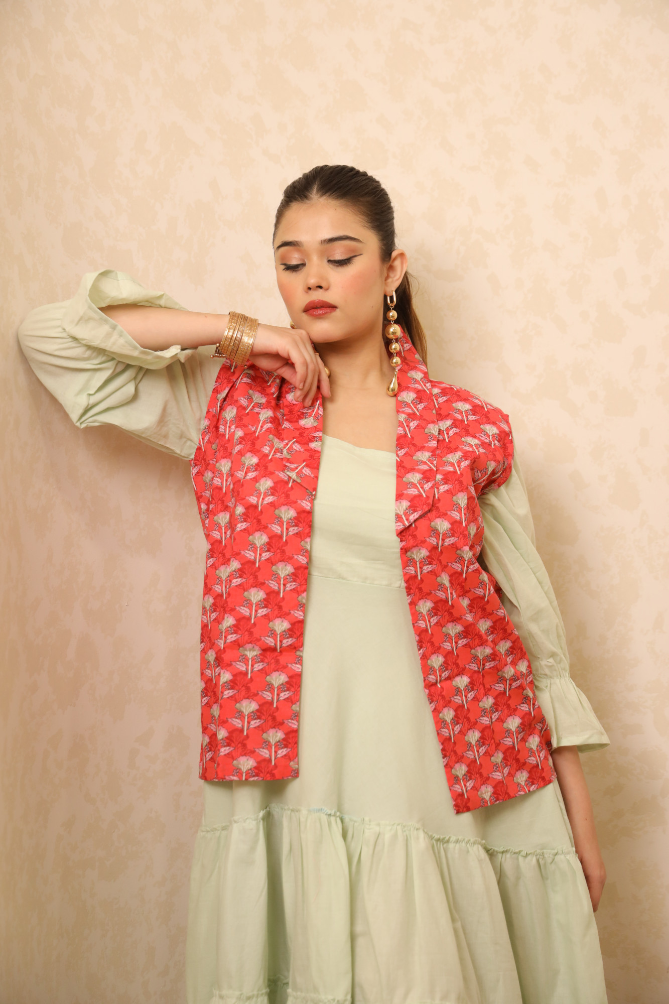 Mint Dress With Red Printed Jacket
