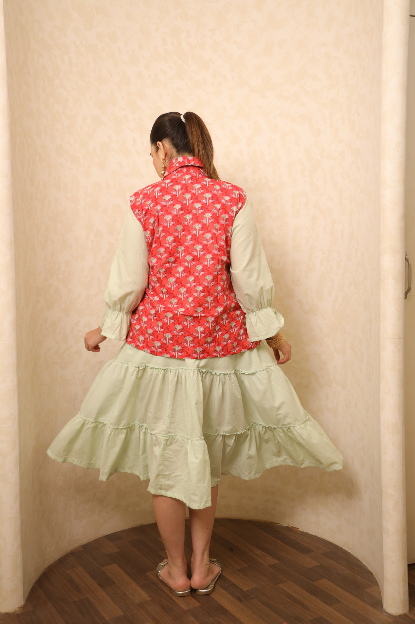 Mint Dress With Red Printed Jacket