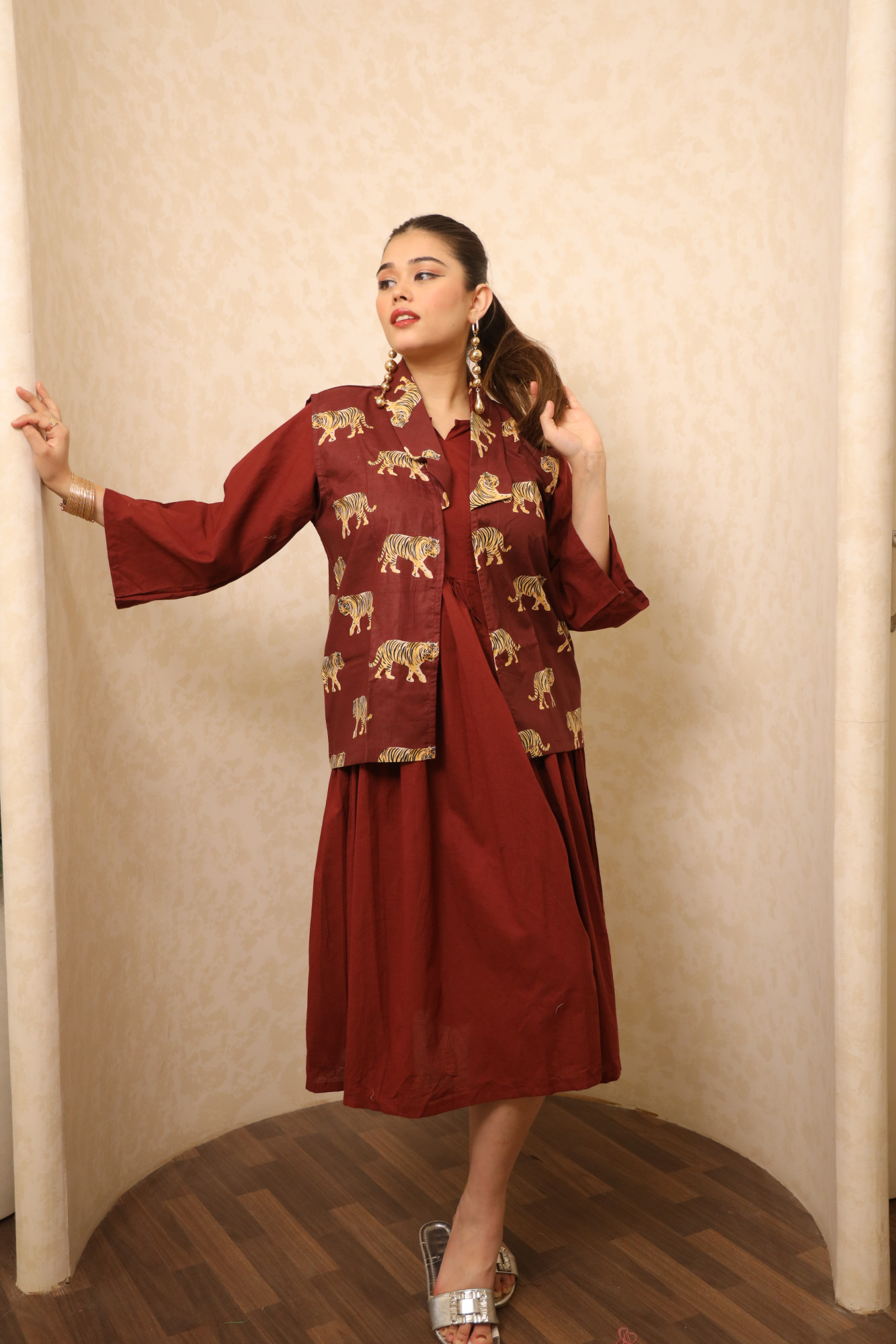 Rust Dress With Handblock Jacket