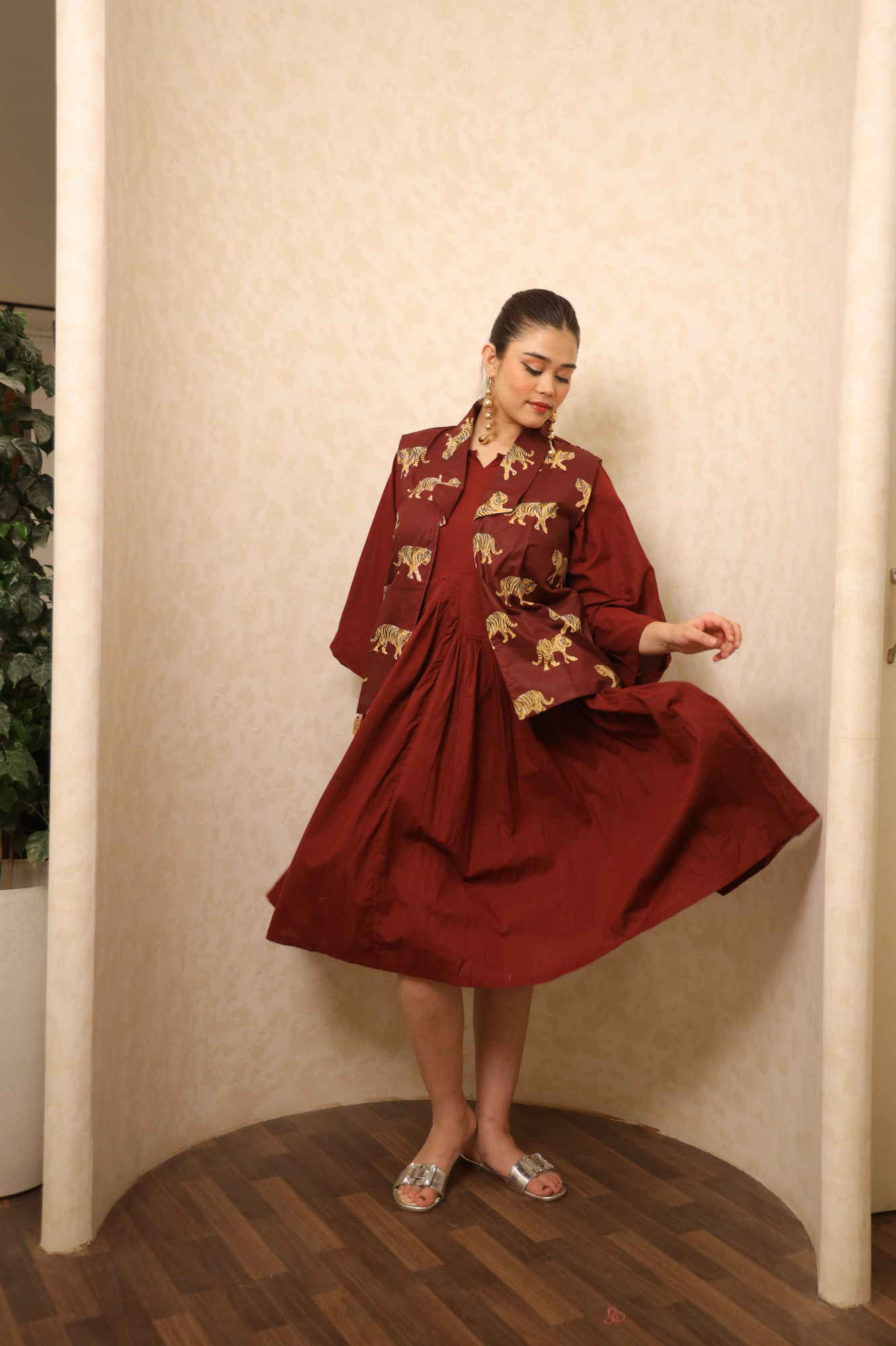 Rust Dress With Handblock Jacket