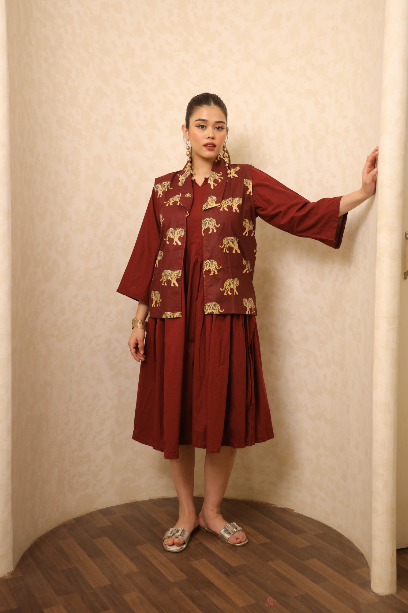 Rust Dress With Handblock Jacket