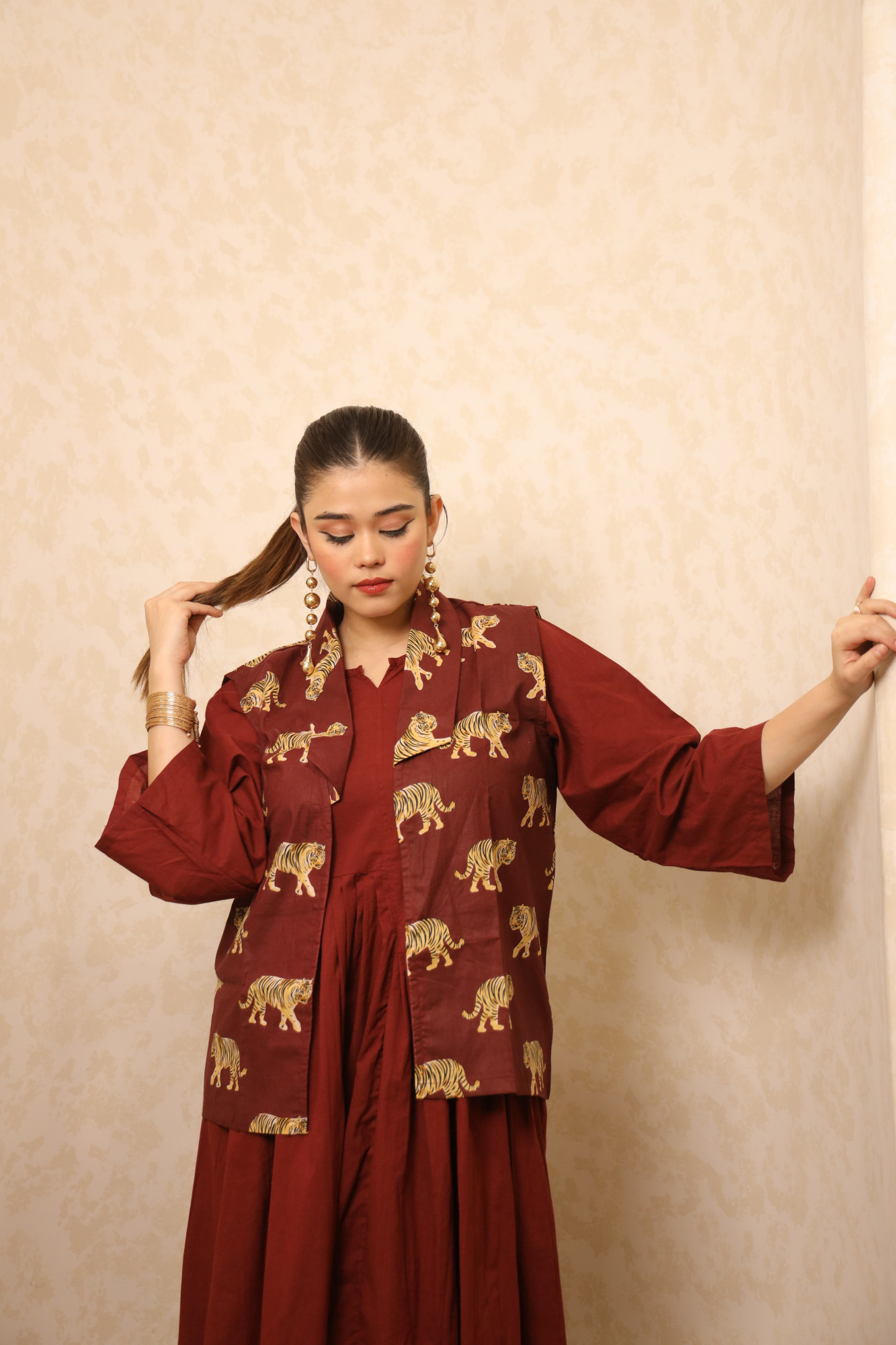 Rust Dress With Handblock Jacket