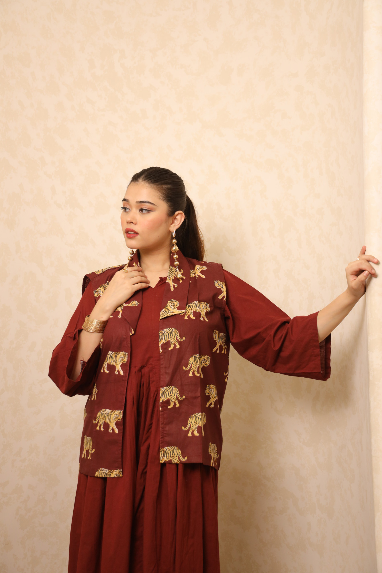Rust Dress With Handblock Jacket