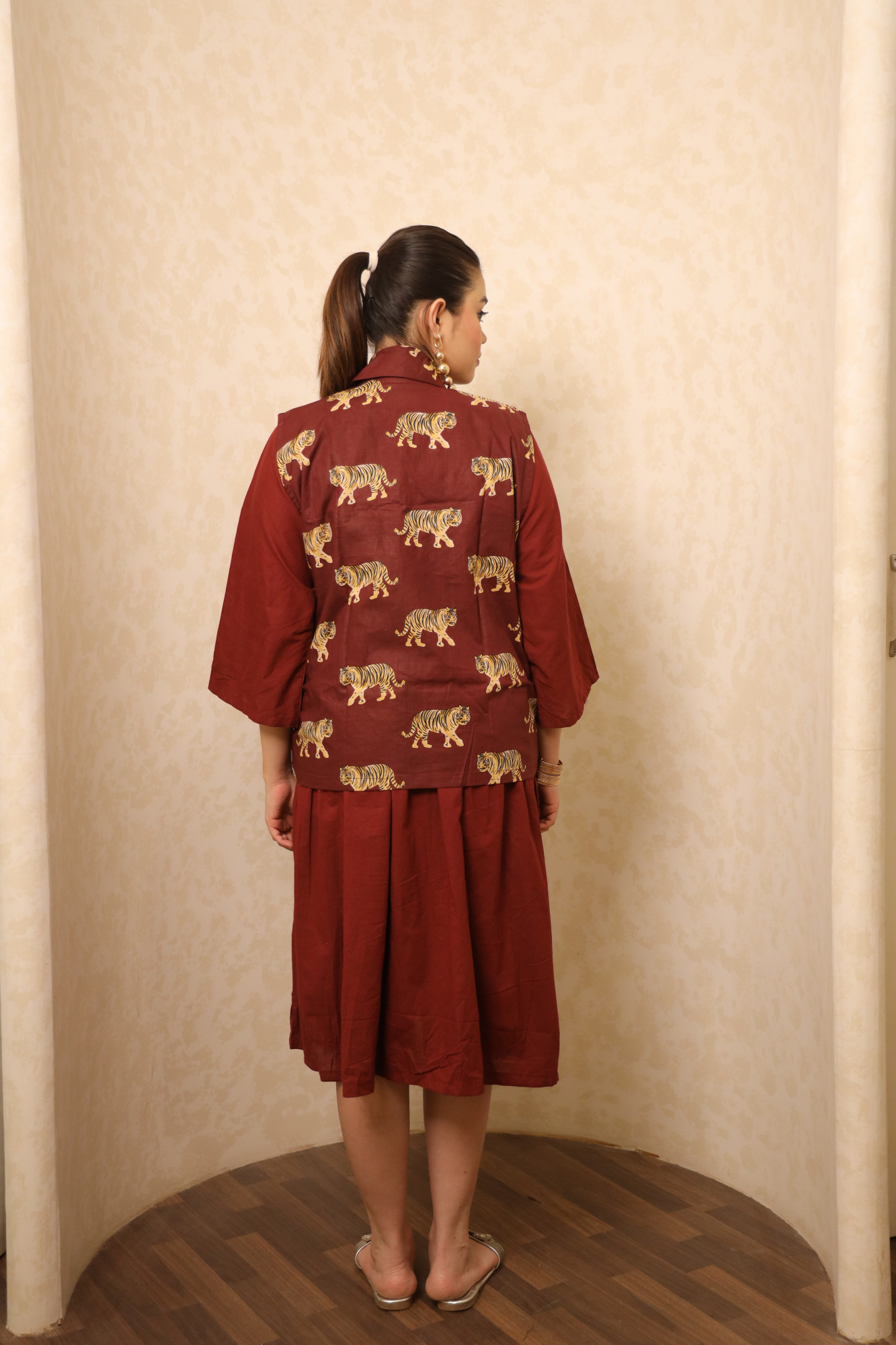 Rust Dress With Handblock Jacket
