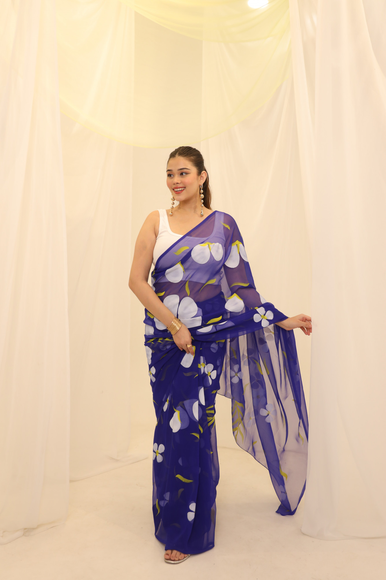 Blue Floral Hand Painted Georgette Saree