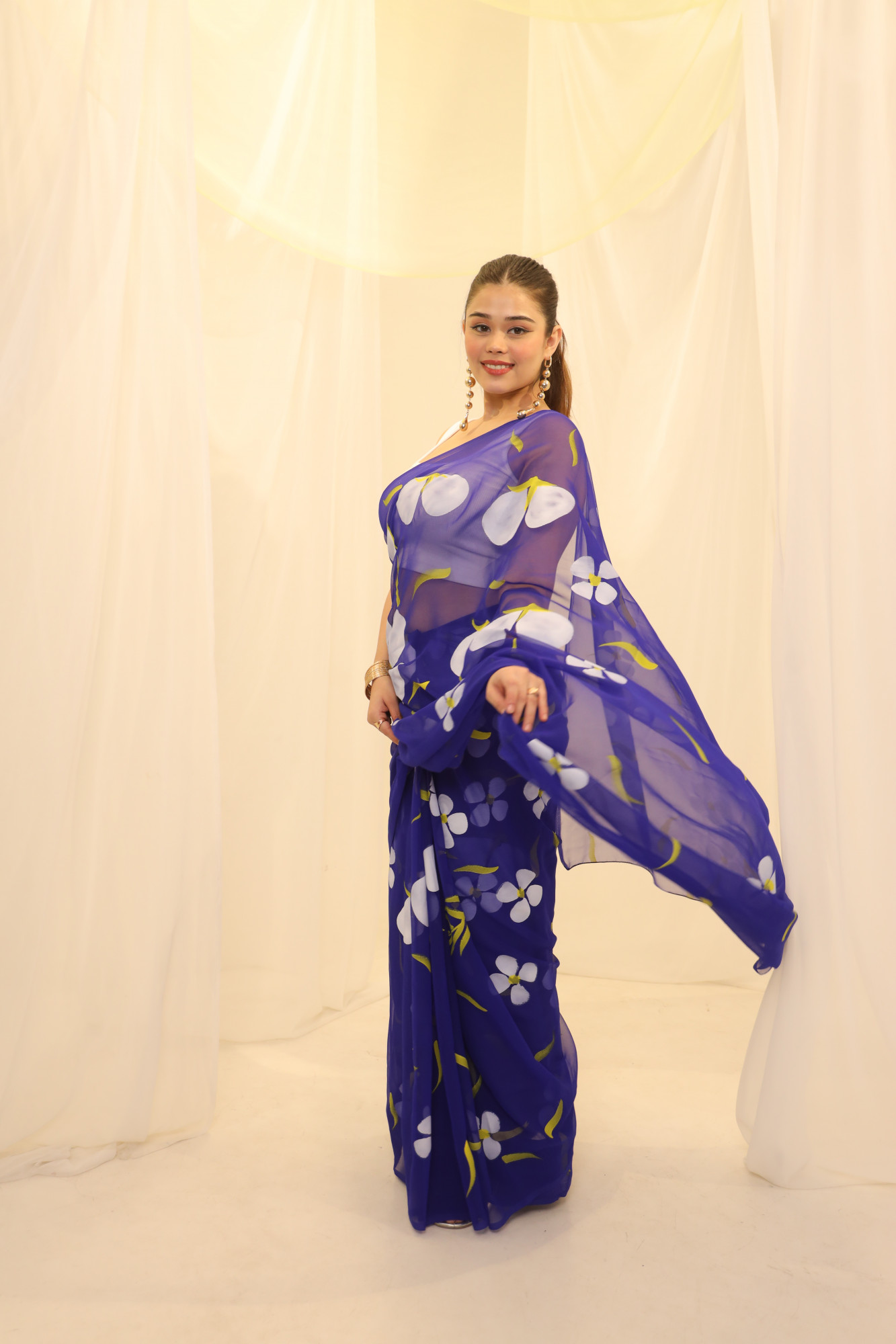 Blue Floral Hand Painted Georgette Saree