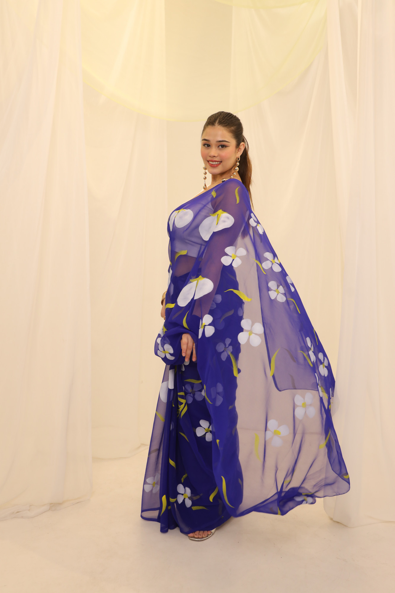 Blue Floral Hand Painted Georgette Saree