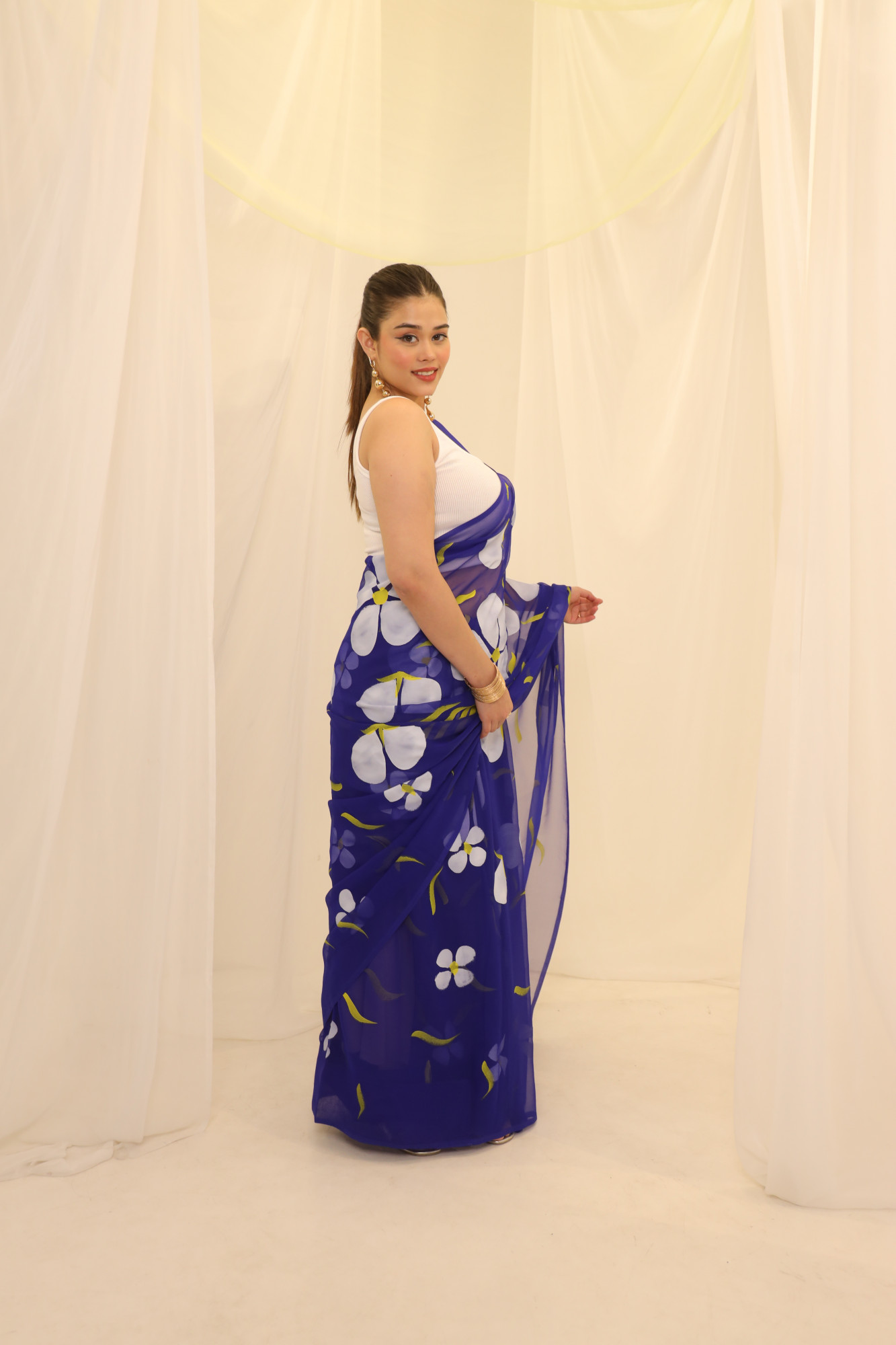 Blue Floral Hand Painted Georgette Saree