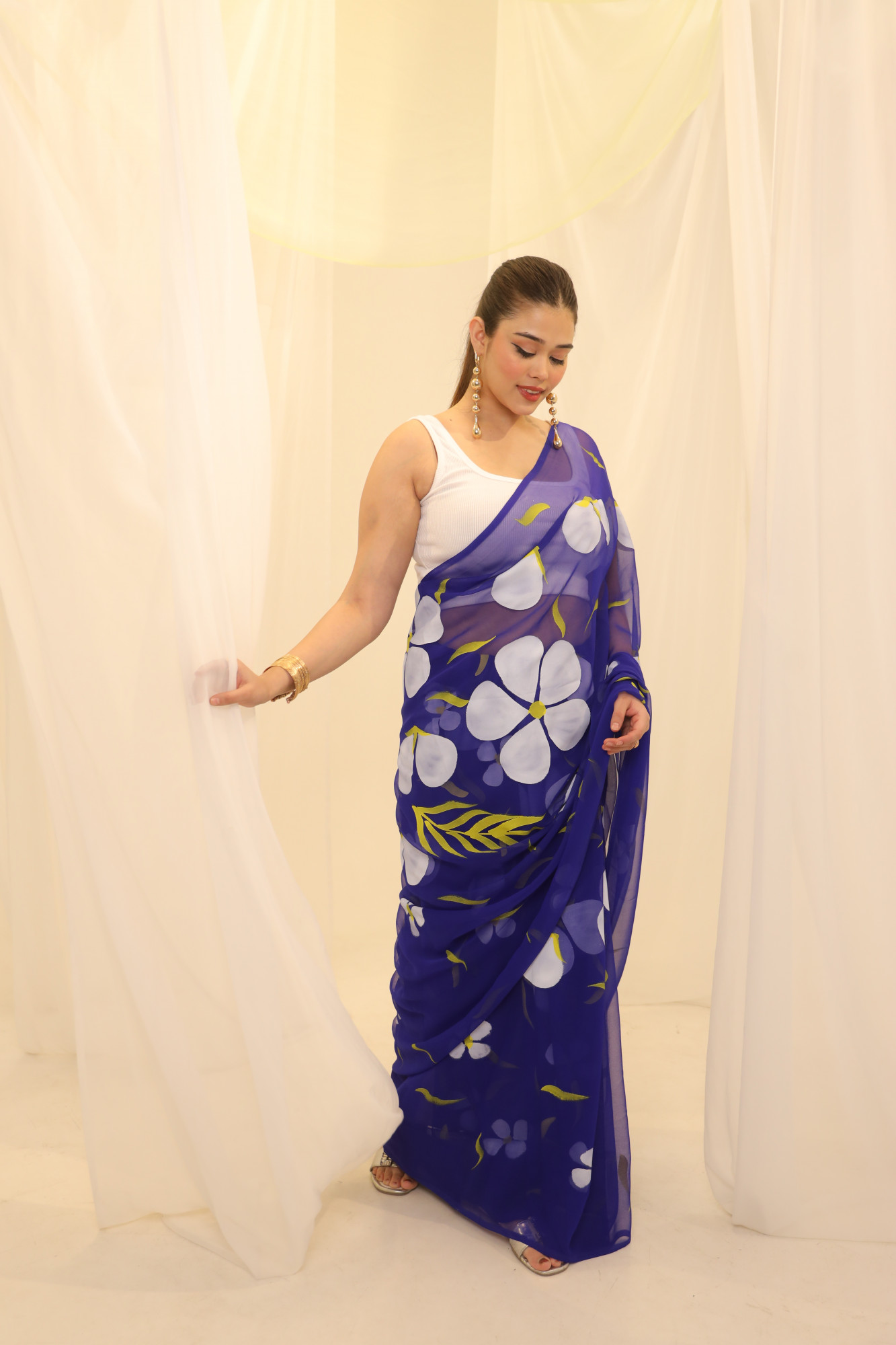 Blue Floral Hand Painted Georgette Saree