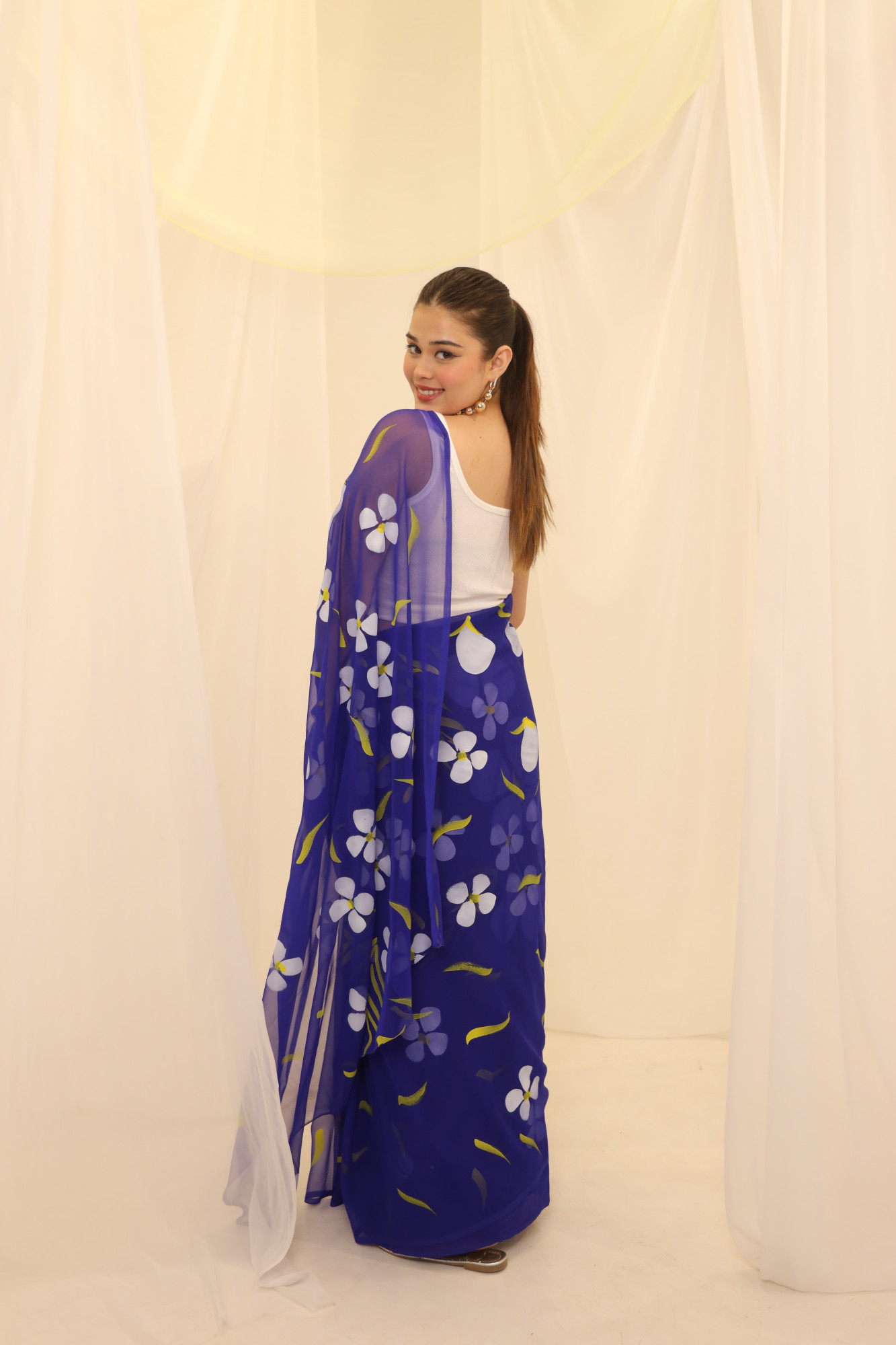 Blue Floral Hand Painted Georgette Saree