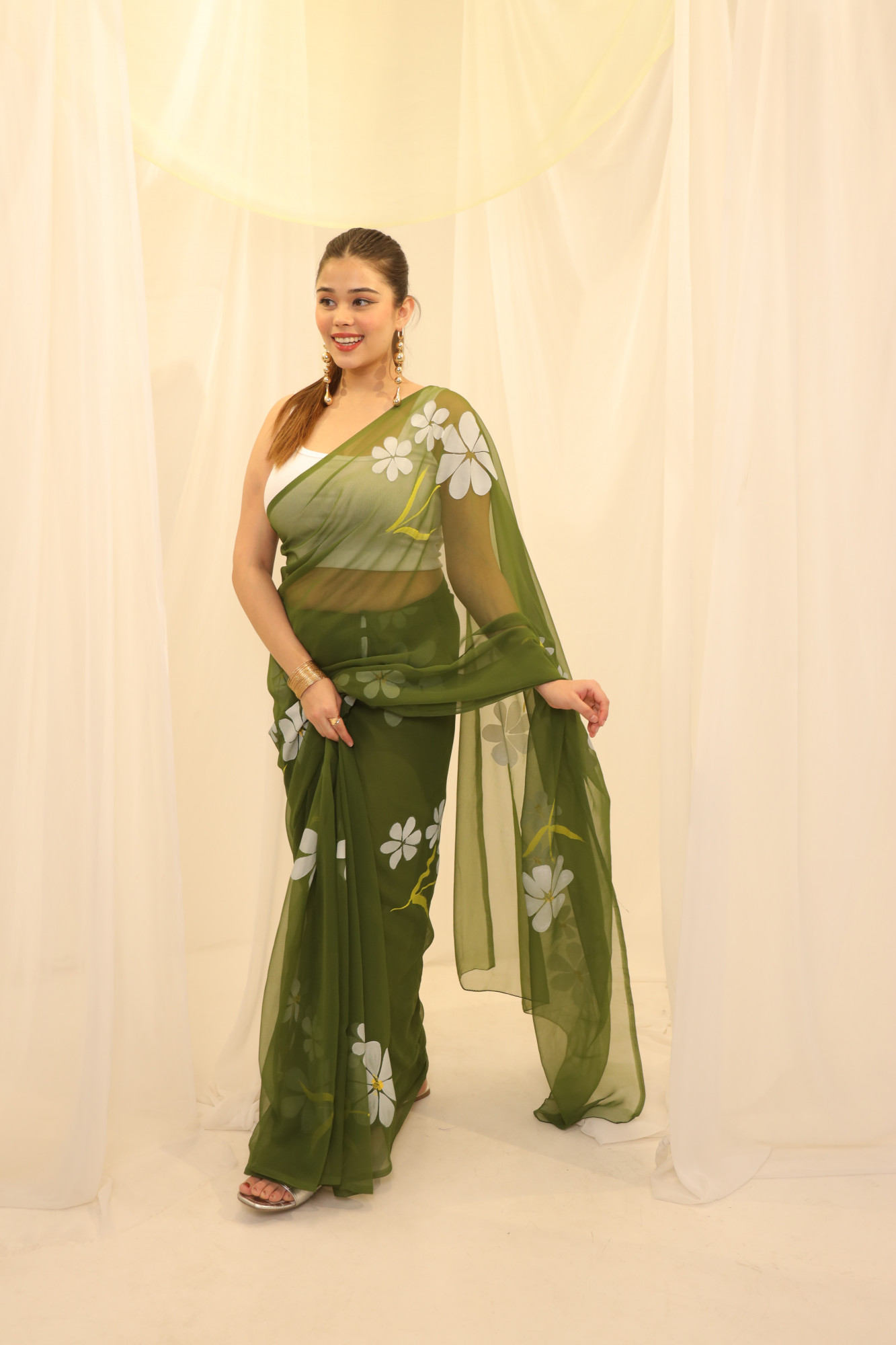 Olive Floral Hand Painted Georgette Saree