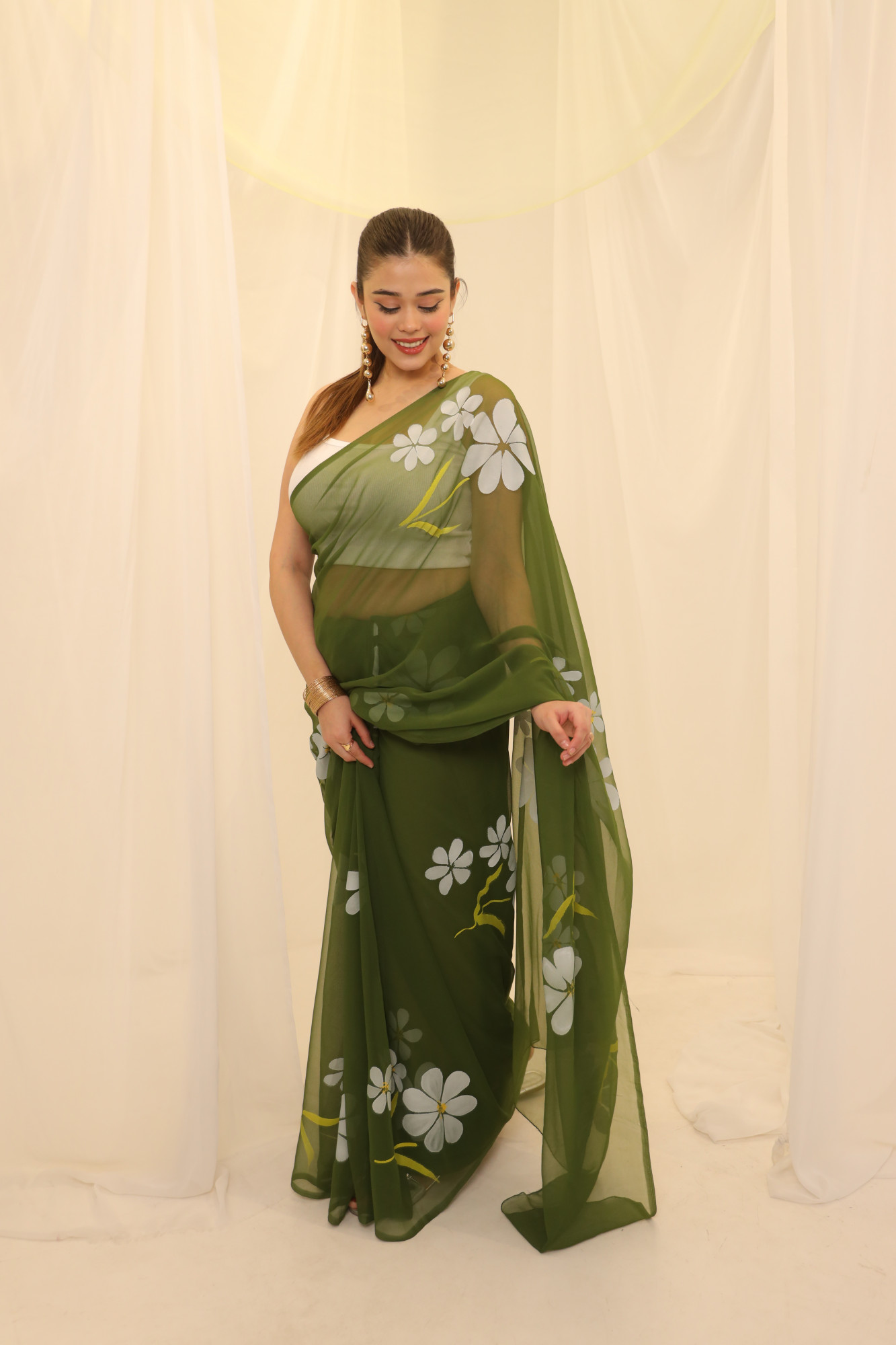 Olive Floral Hand Painted Georgette Saree