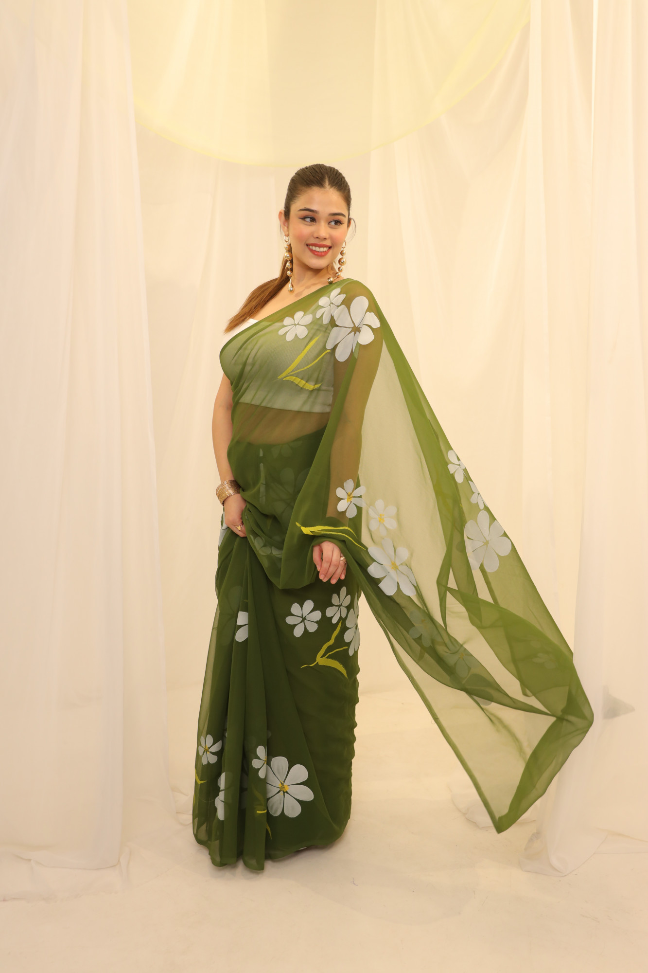 Olive Floral Hand Painted Georgette Saree