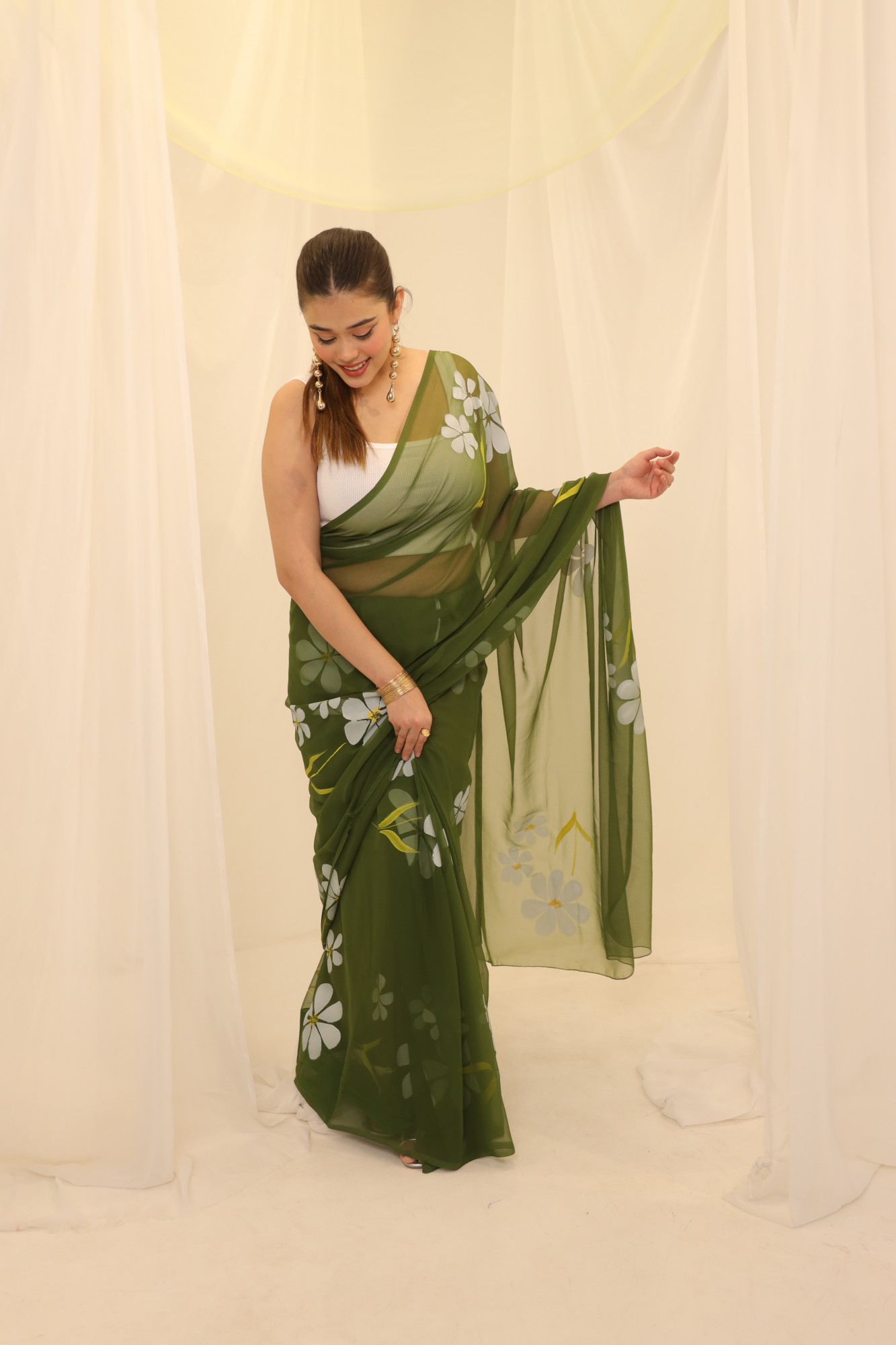 Olive Floral Hand Painted Georgette Saree