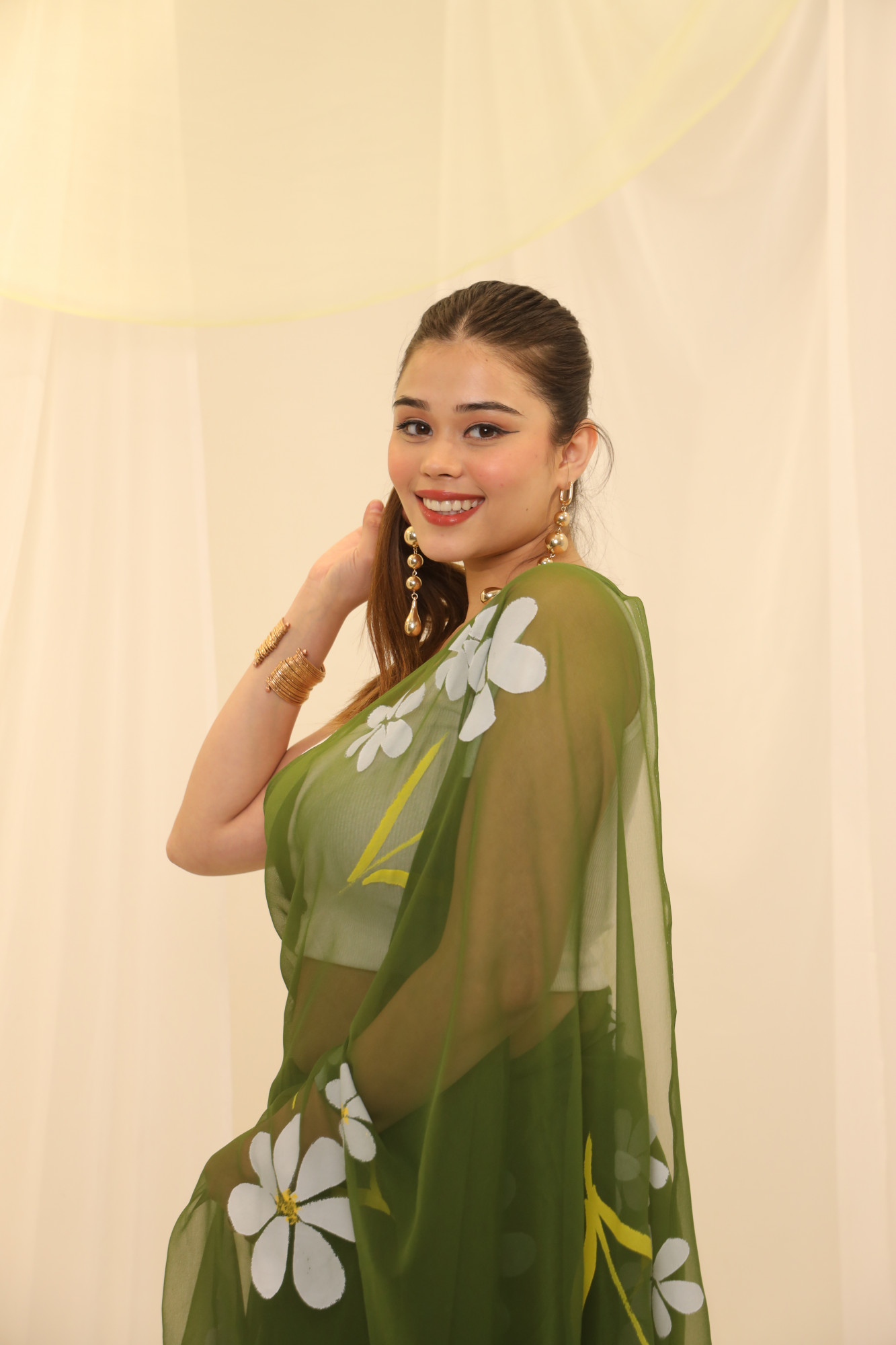 Olive Floral Hand Painted Georgette Saree