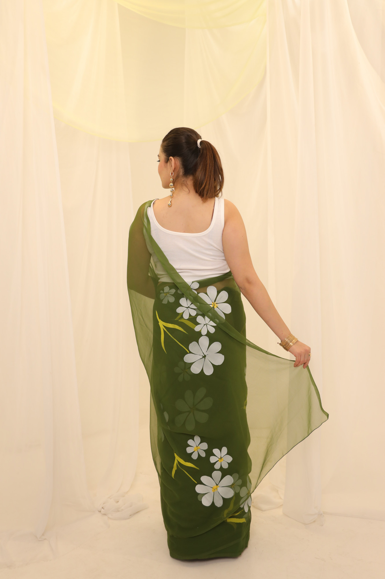 Olive Floral Hand Painted Georgette Saree