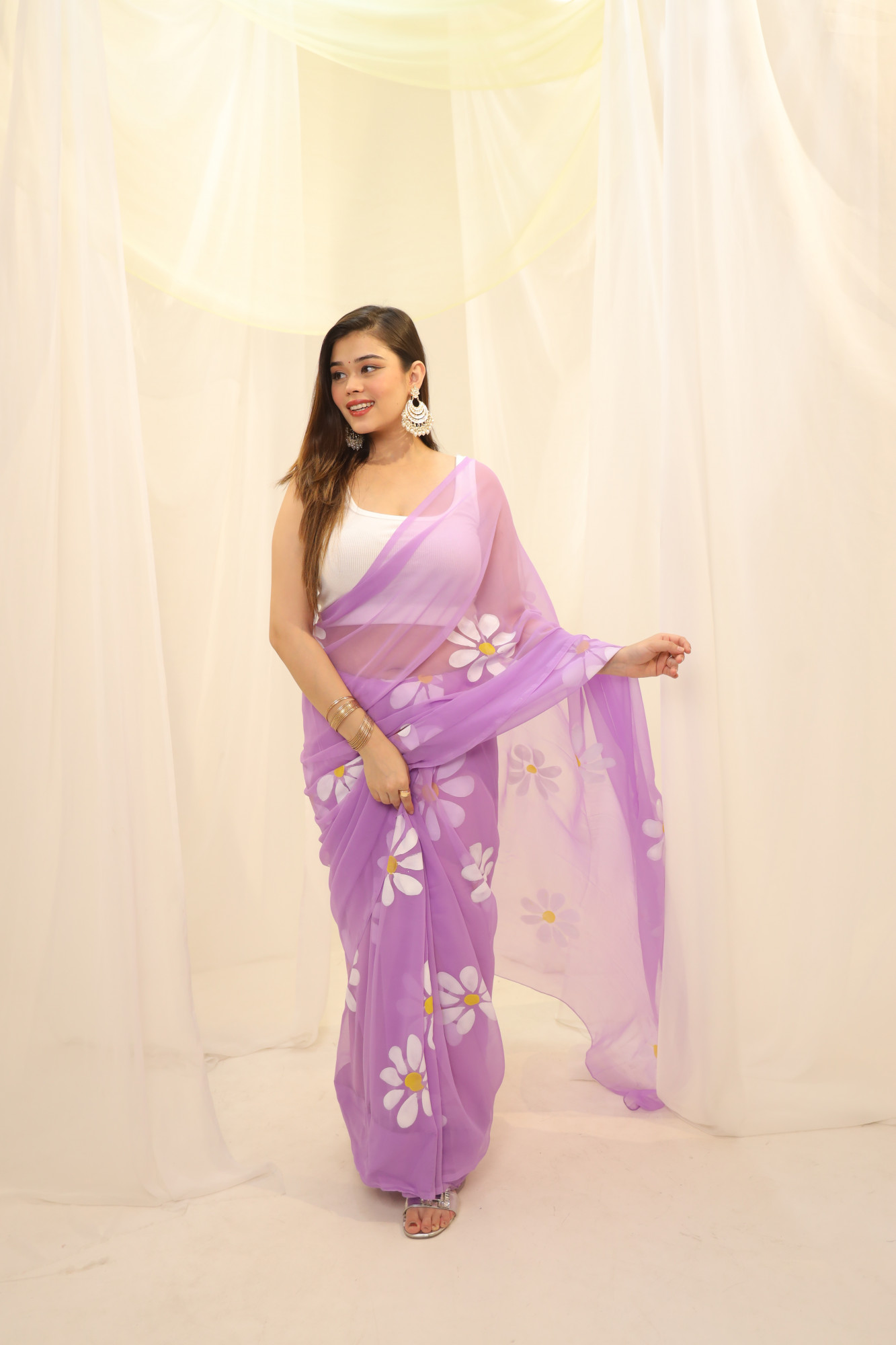 Lavender Floral Hand Painted Georgette Saree