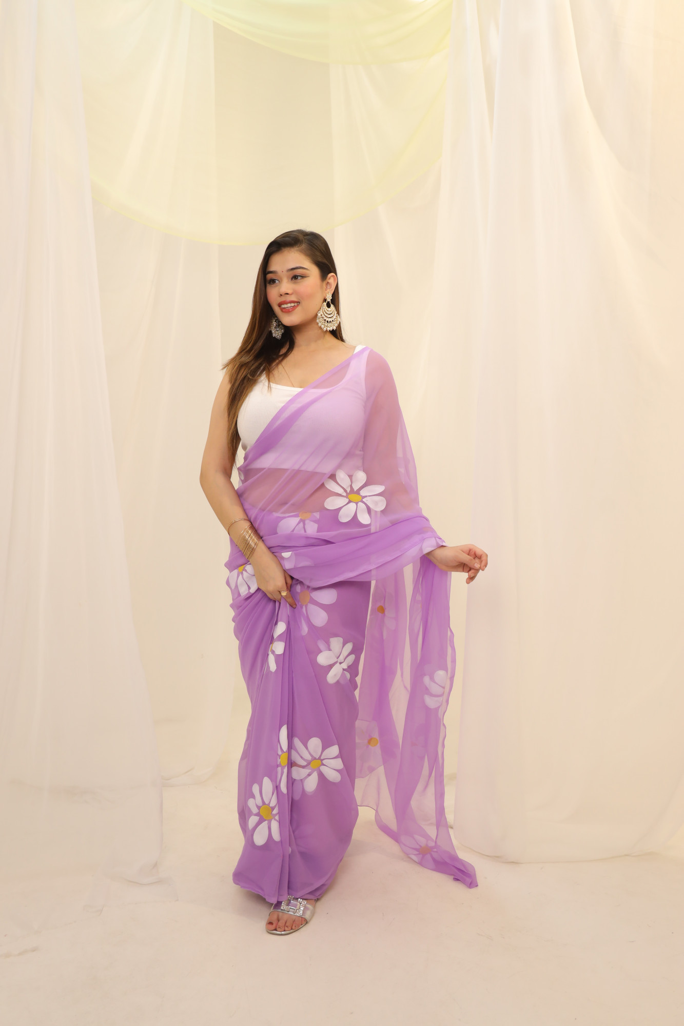 Lavender Floral Hand Painted Georgette Saree