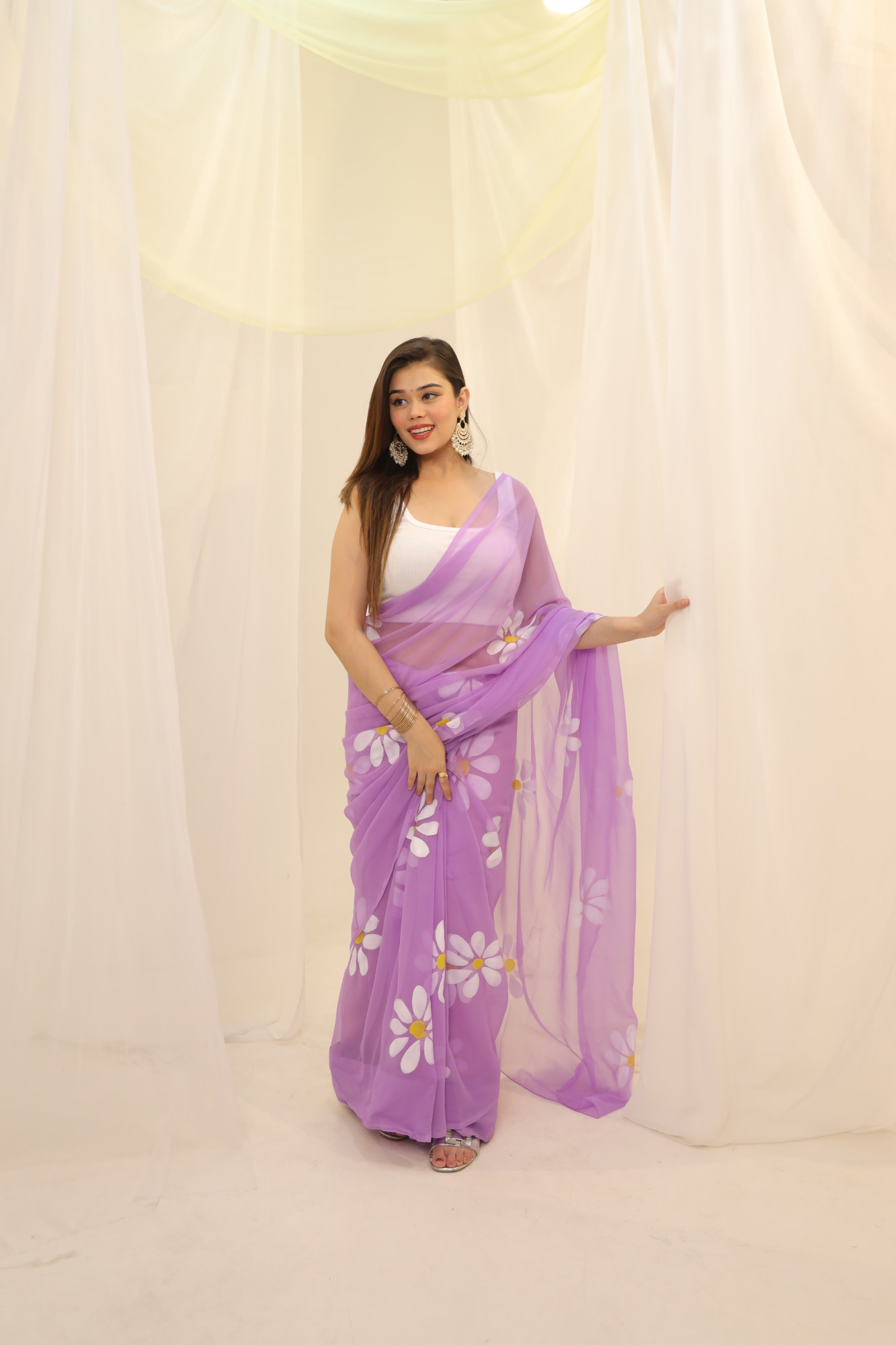 Lavender Floral Hand Painted Georgette Saree