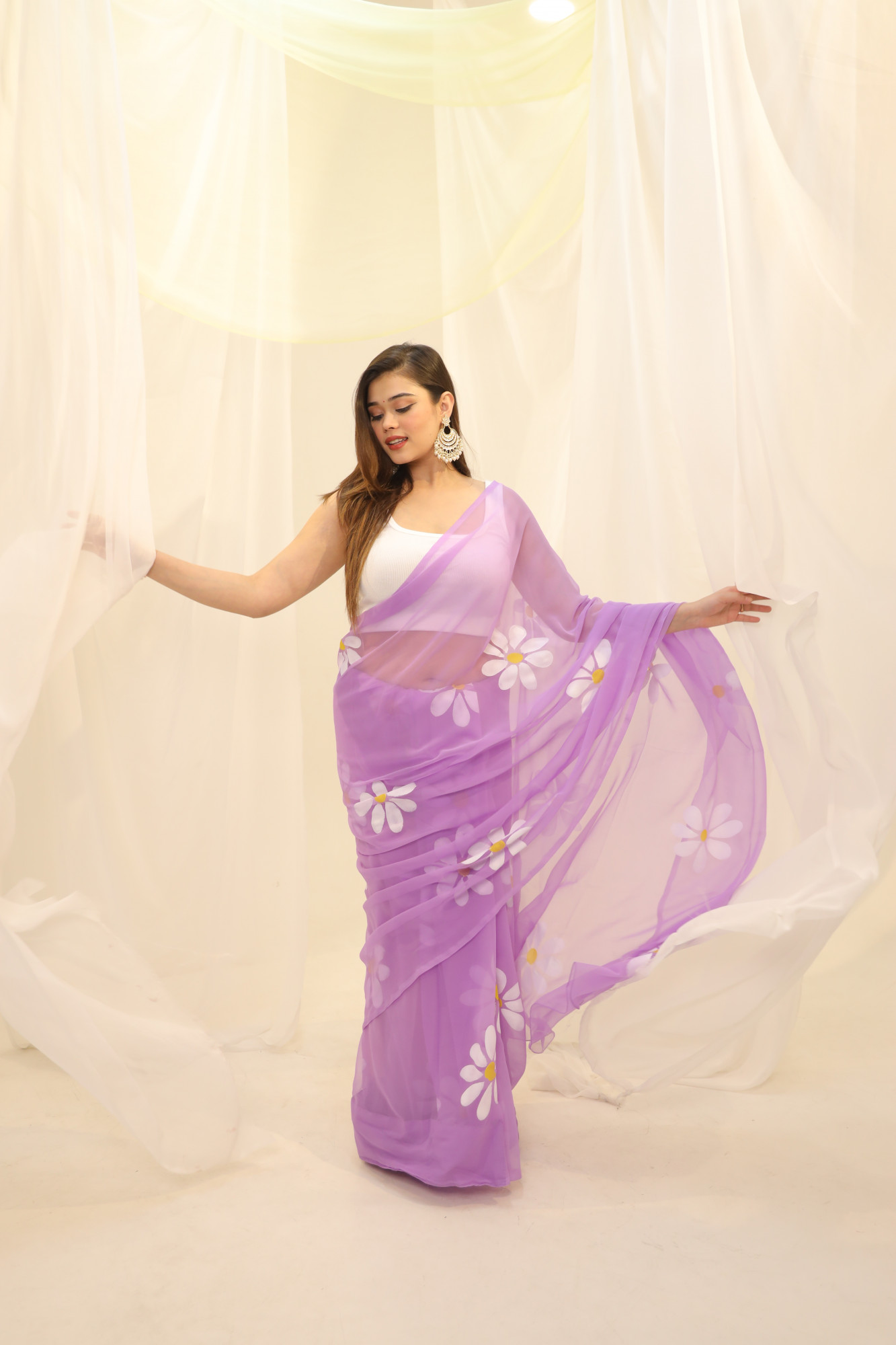 Lavender Floral Hand Painted Georgette Saree