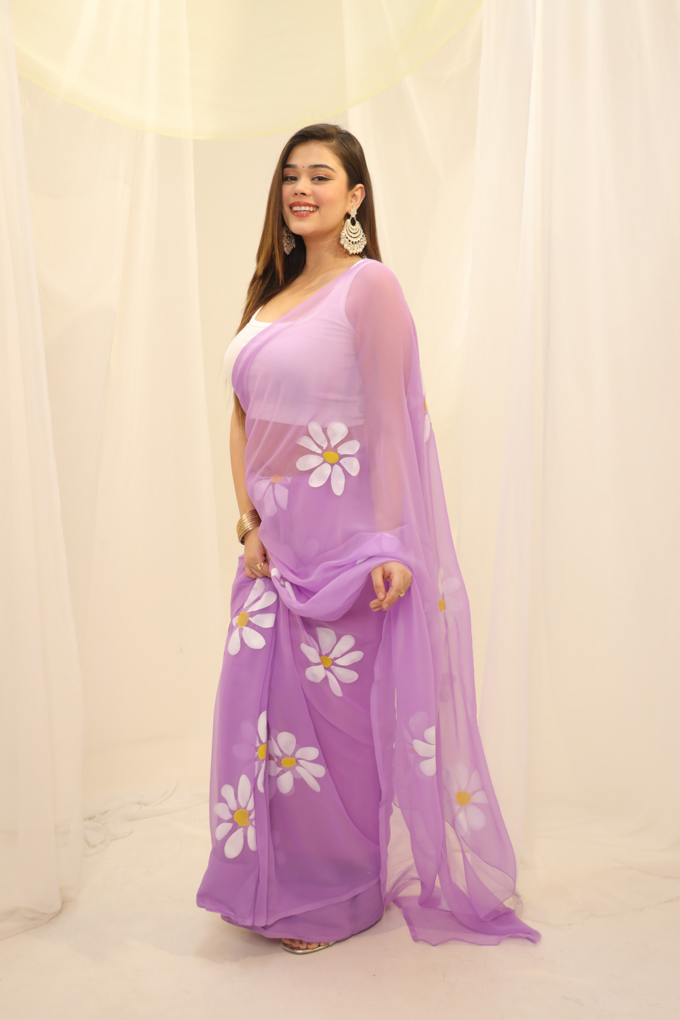 Lavender Floral Hand Painted Georgette Saree