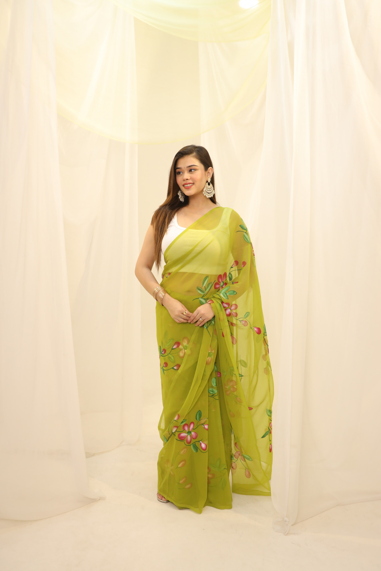 Parrot Green Floral Hand Painted Georgette Saree