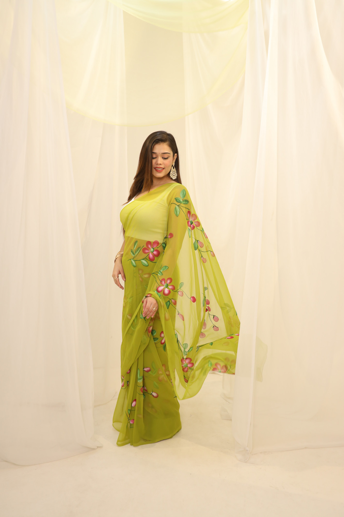 Parrot Green Floral Hand Painted Georgette Saree