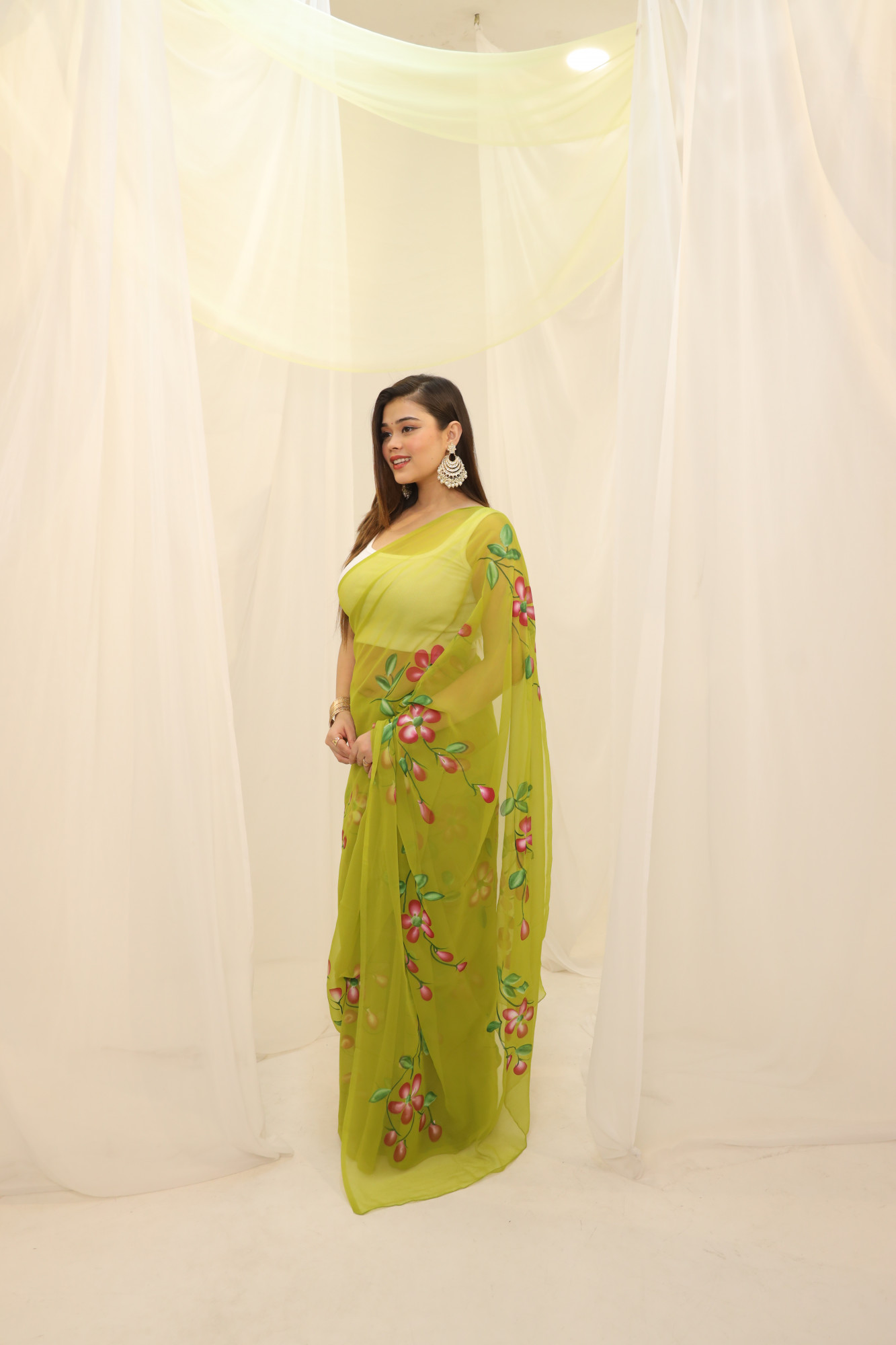 Parrot Green Floral Hand Painted Georgette Saree