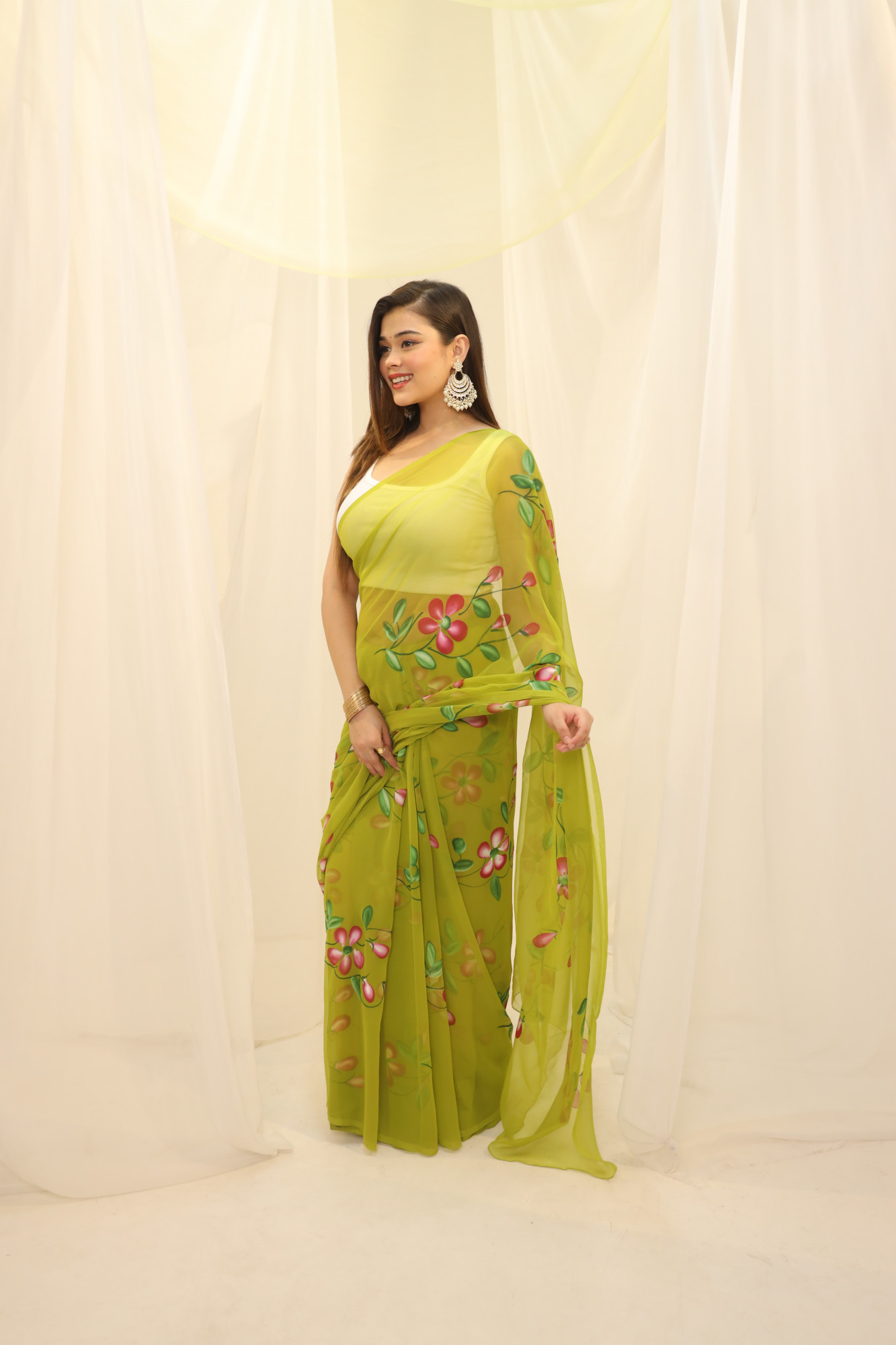Parrot Green Floral Hand Painted Georgette Saree