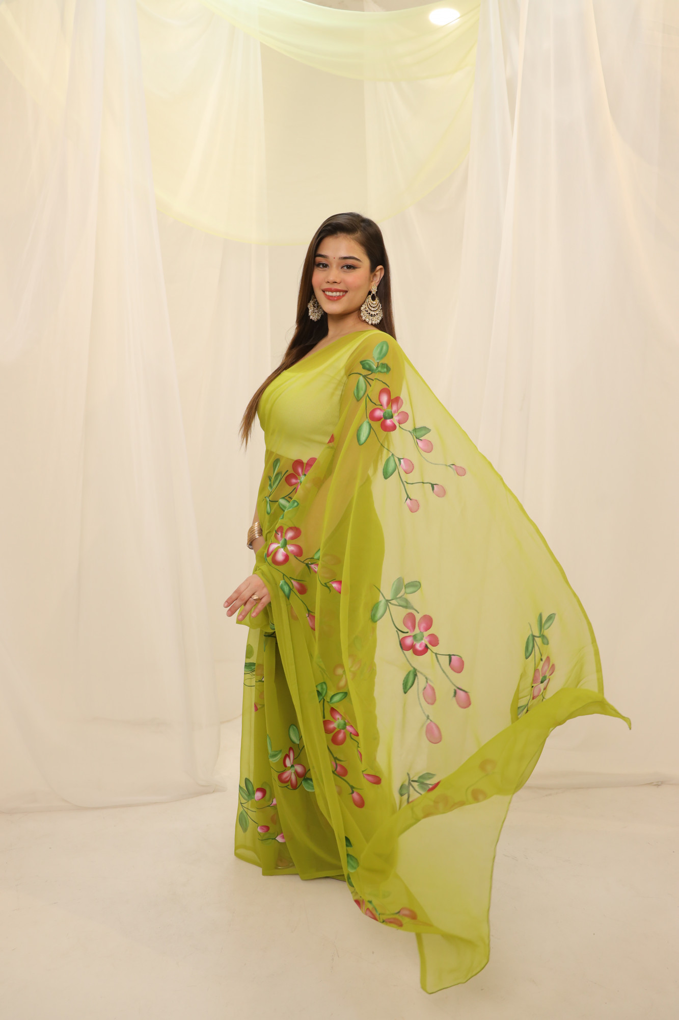 Parrot Green Floral Hand Painted Georgette Saree