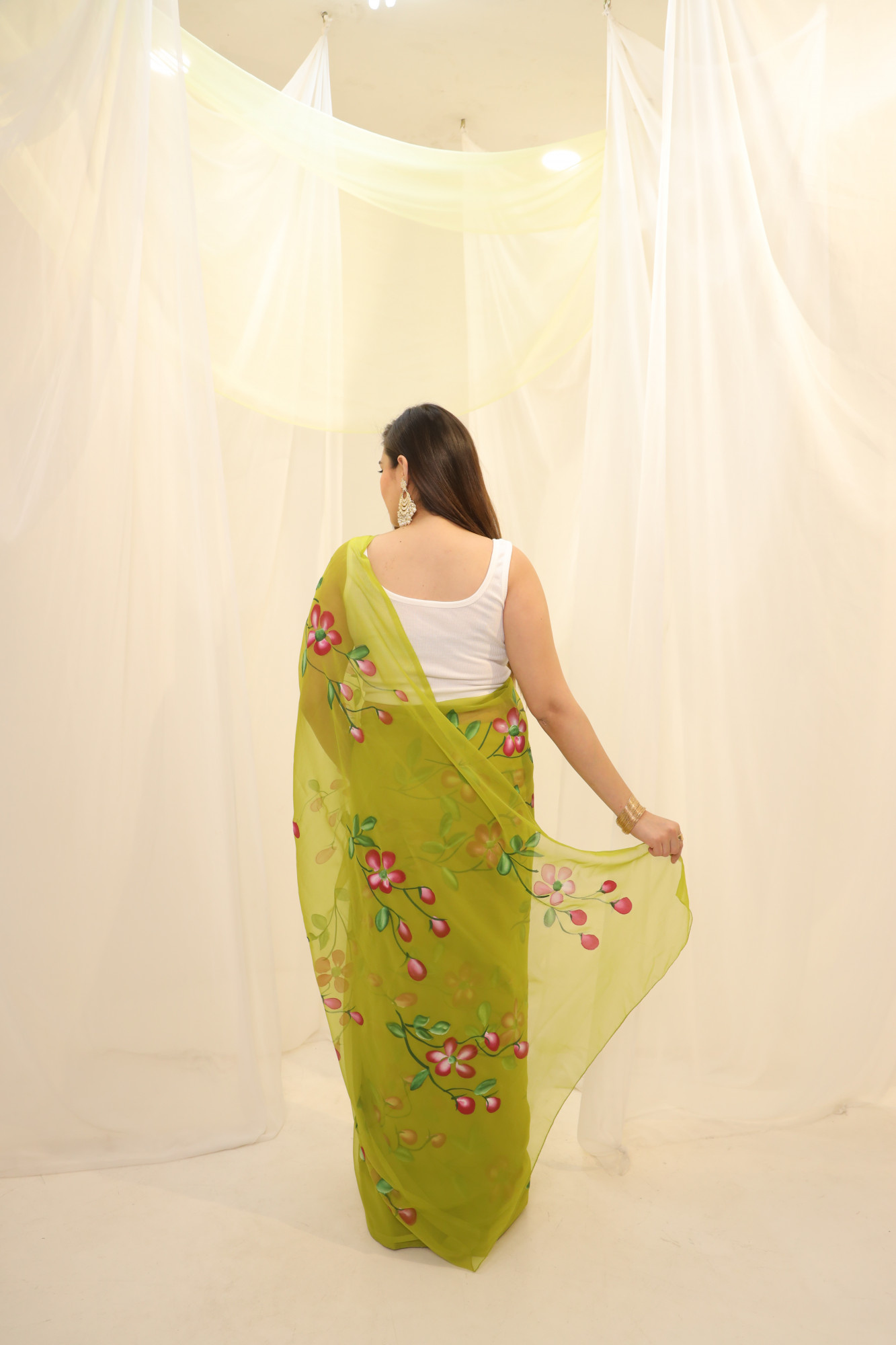 Parrot Green Floral Hand Painted Georgette Saree
