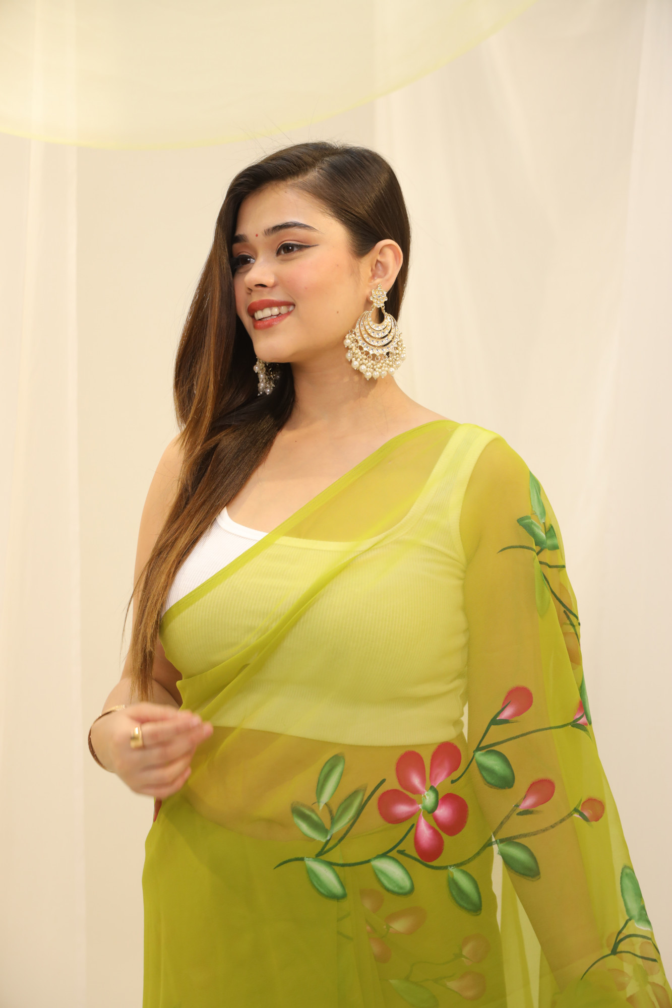 Parrot Green Floral Hand Painted Georgette Saree